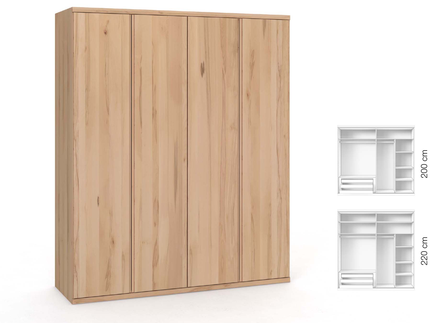 Buchenschrank „Romana“, 4-türig, Höhe 220 cm, Griffausführung „Patrizia“, Inneneinrichtung: C