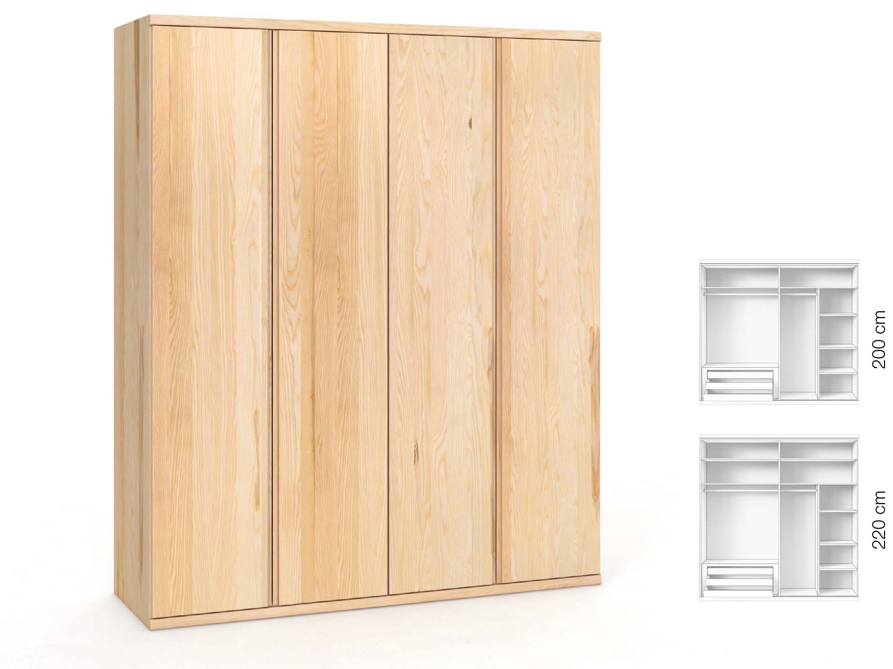 Eschenschrank „Romana“, 4-türig, Höhe 220 cm, Griffausführung „Patrizia“, Inneneinrichtung: D