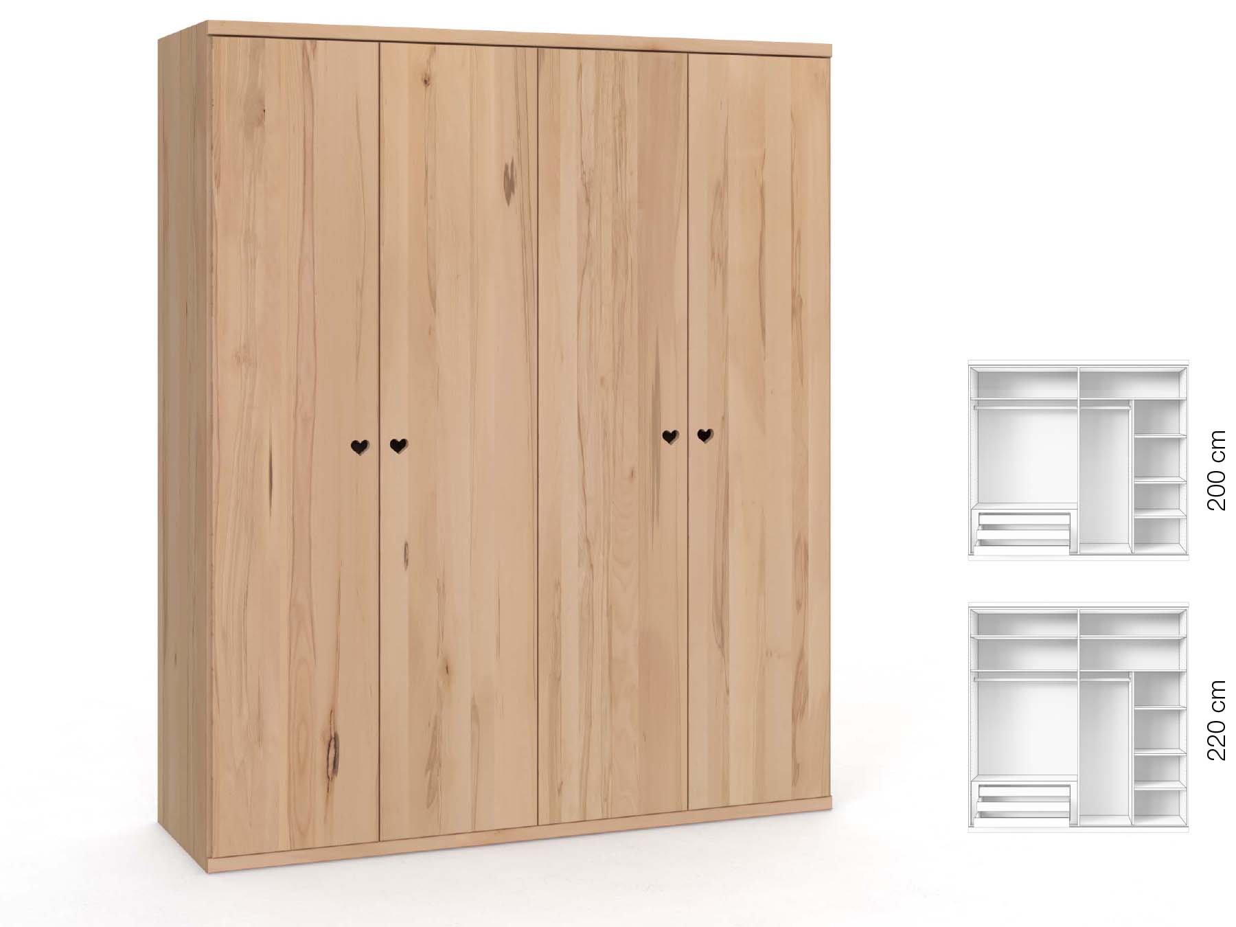 Buchenschrank „Romana“, 4-türig, Höhe 220 cm, Griffausführung „Heidi“, Inneneinrichtung: D