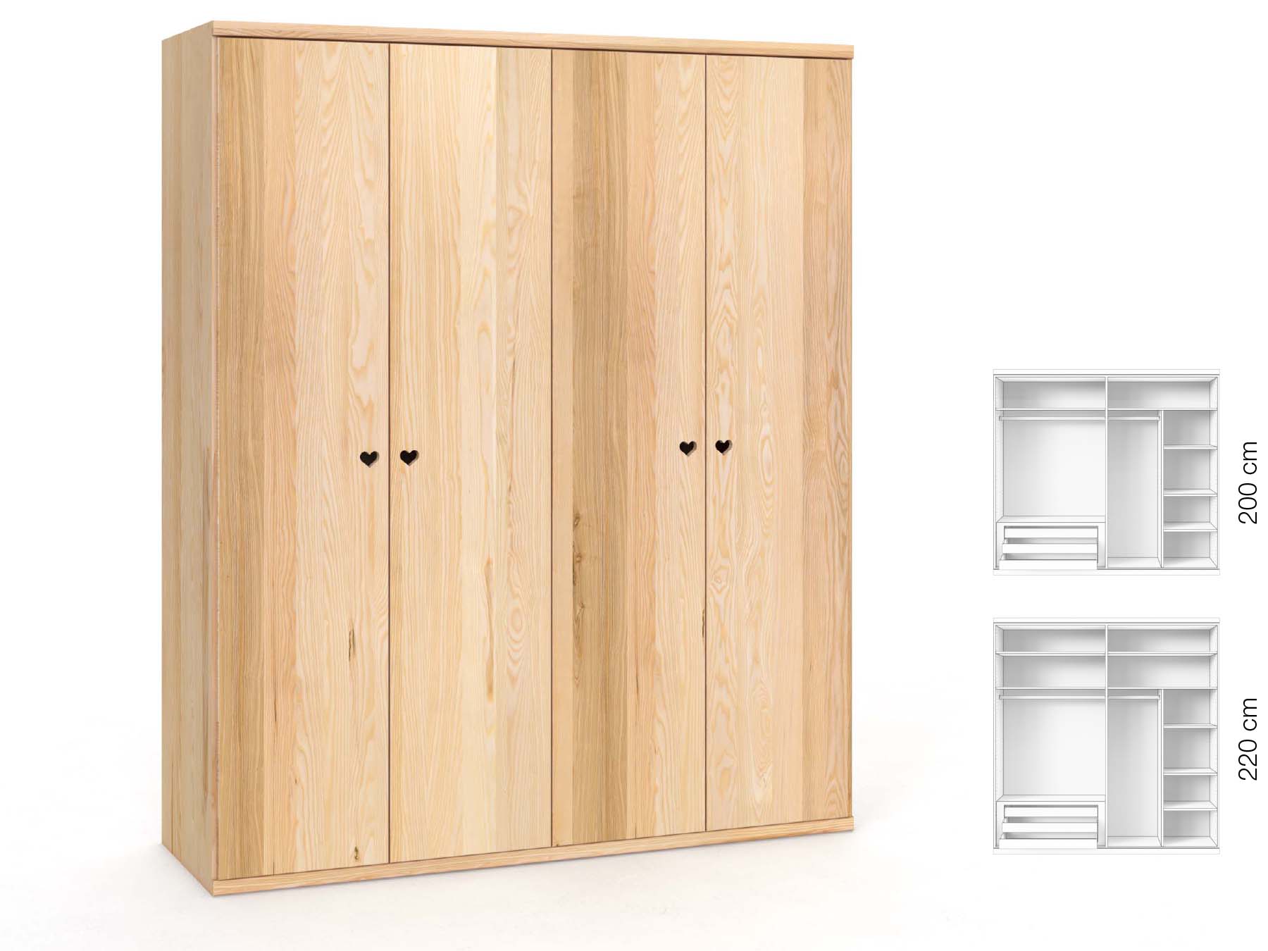 Eschenschrank „Romana“, 4-türig, Höhe 220 cm, Griffausführung „Heidi“, Inneneinrichtung: D