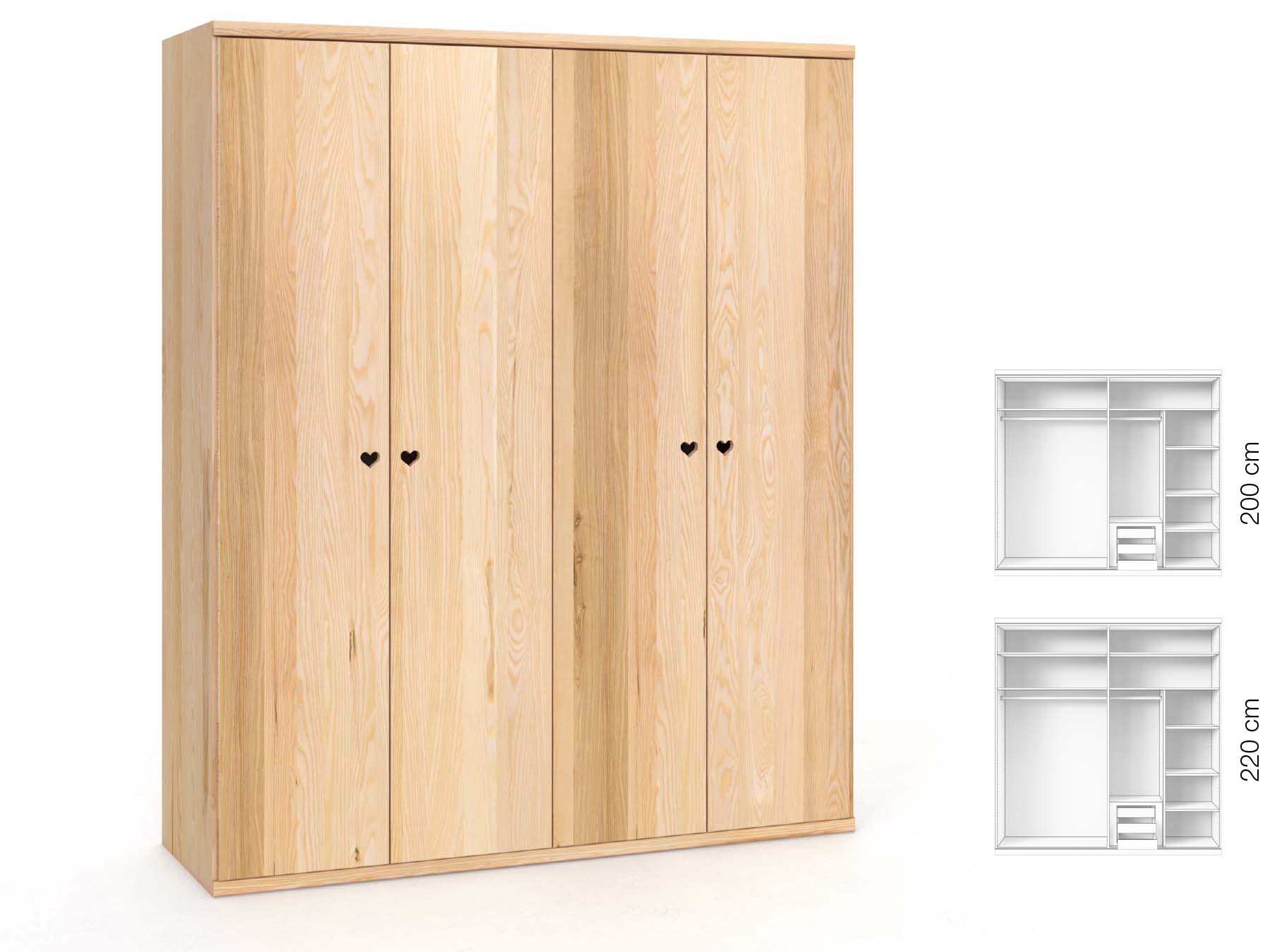 Eschenschrank „Romana“, 4-türig, Höhe 220 cm, Griffausführung „Heidi“, Inneneinrichtung: C