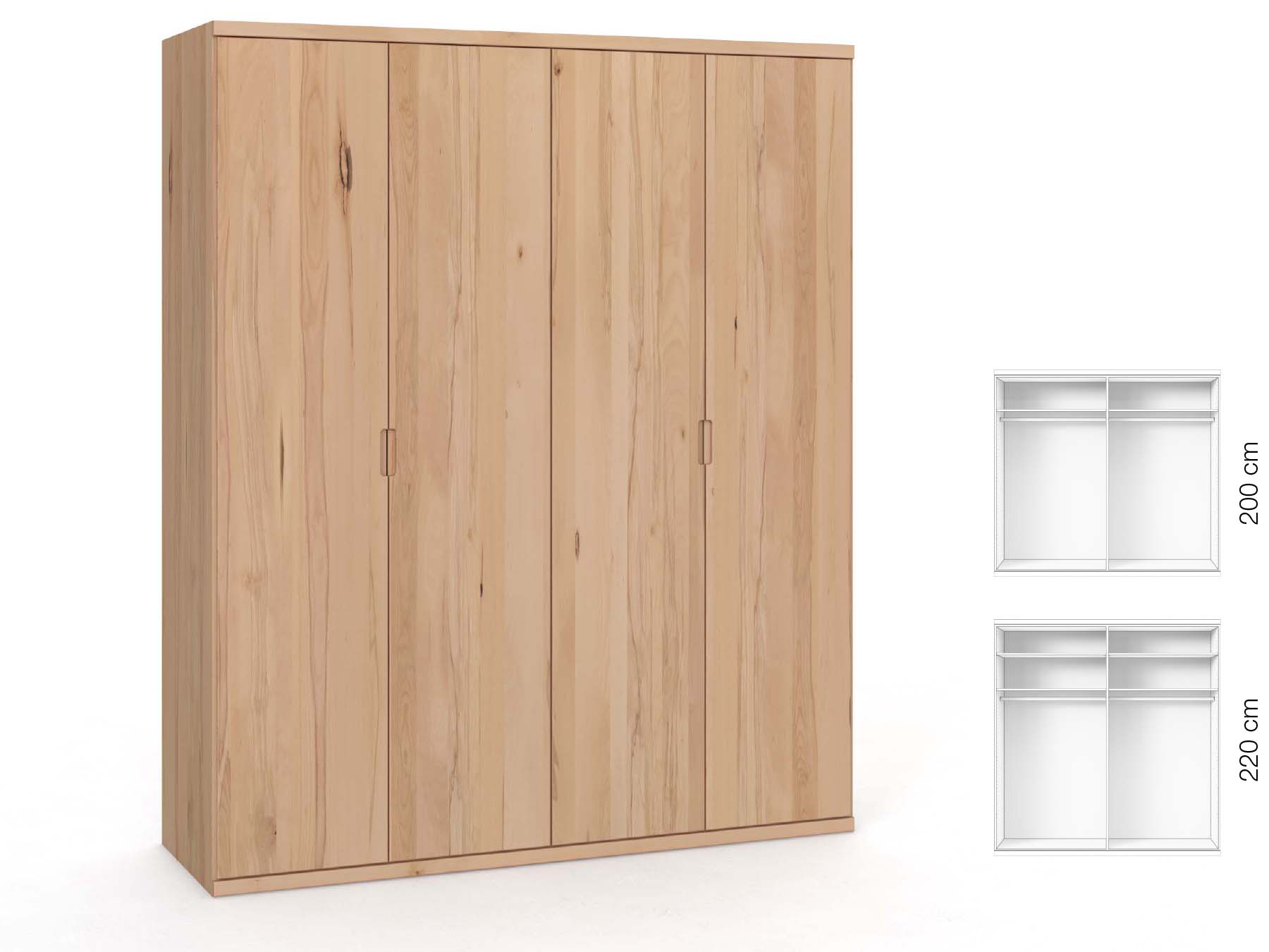 Buchenschrank „Romana“, 4-türig, Höhe 220 cm, Griffausführung „Lukas“, Inneneinrichtung: A