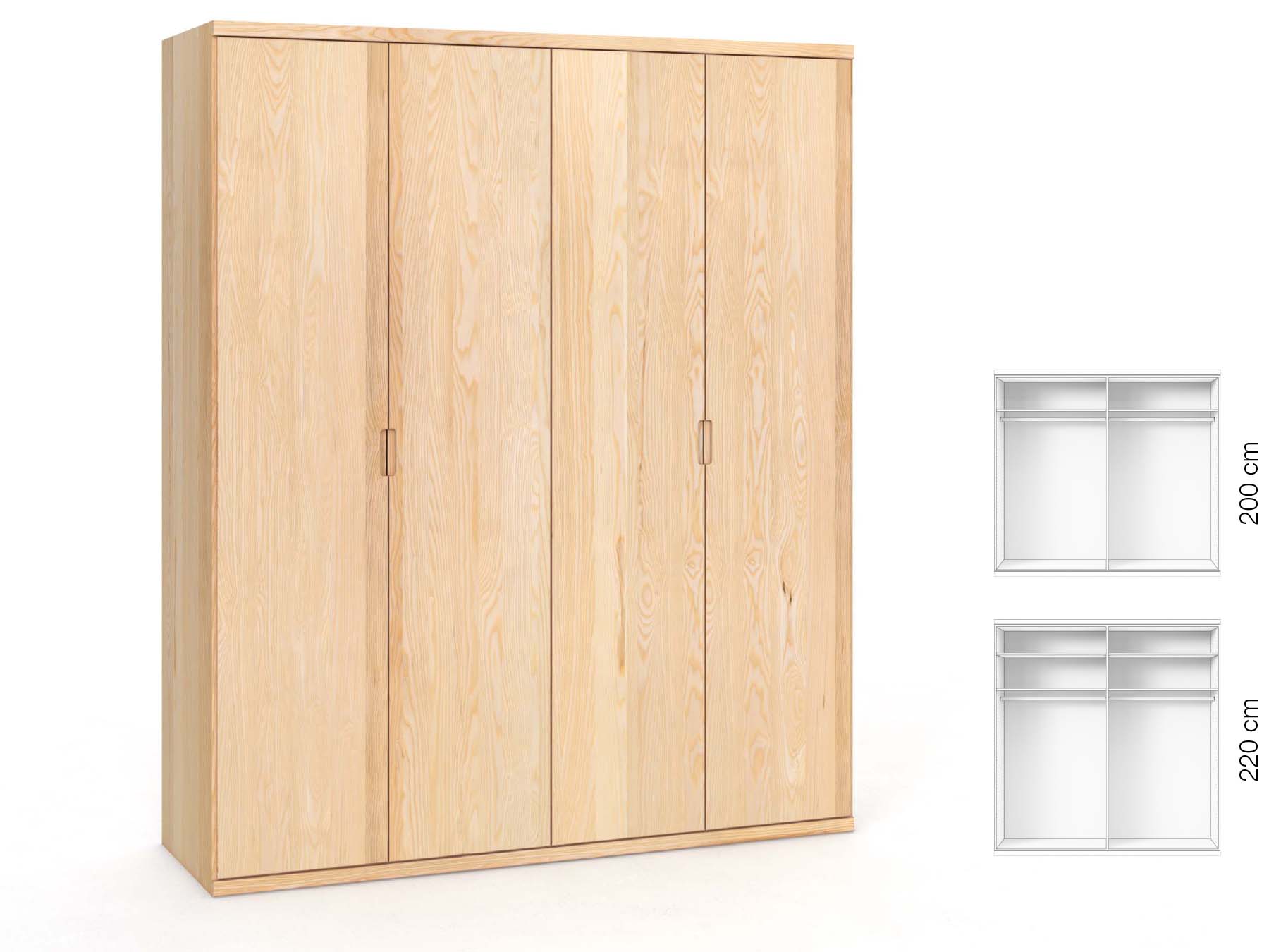 Eschenschrank „Romana“, 4-türig, Höhe 220 cm, Griffausführung „Lukas“, Inneneinrichtung: A