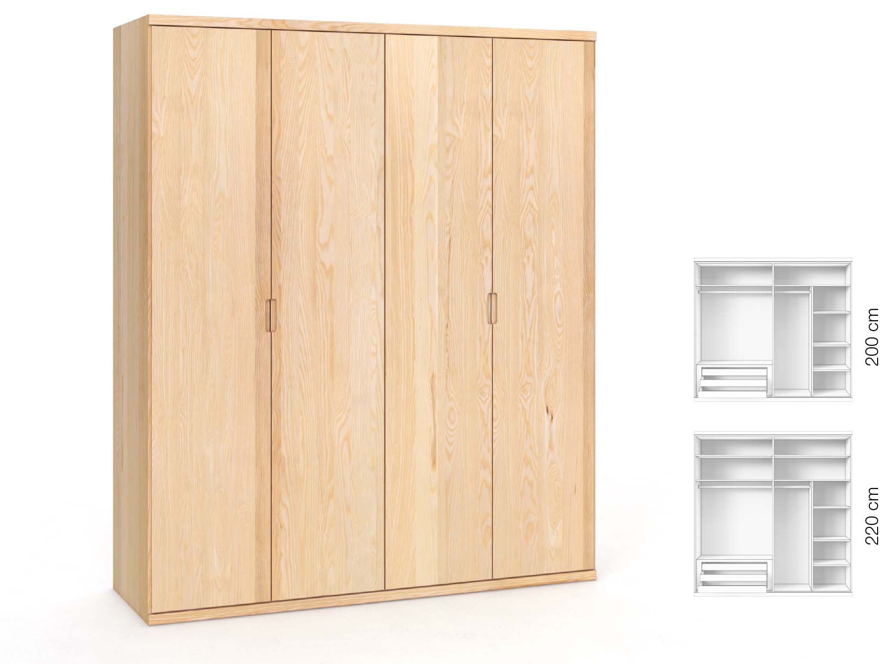 Eschenschrank „Romana“, 4-türig, Höhe 220 cm, Griffausführung „Lukas“, Inneneinrichtung: D