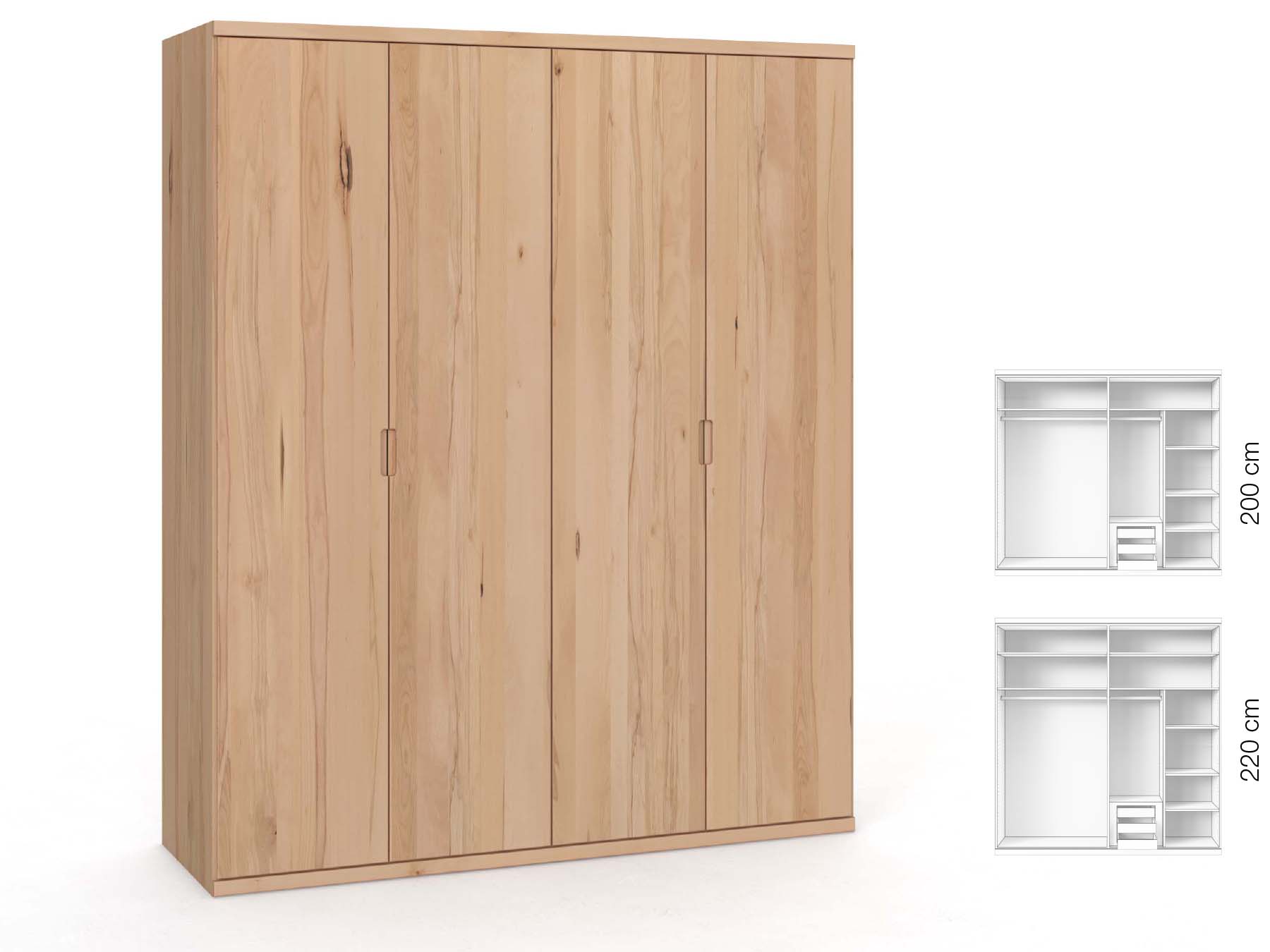 Buchenschrank „Romana“, 4-türig, Höhe 220 cm, Griffausführung „Lukas“, Inneneinrichtung: C
