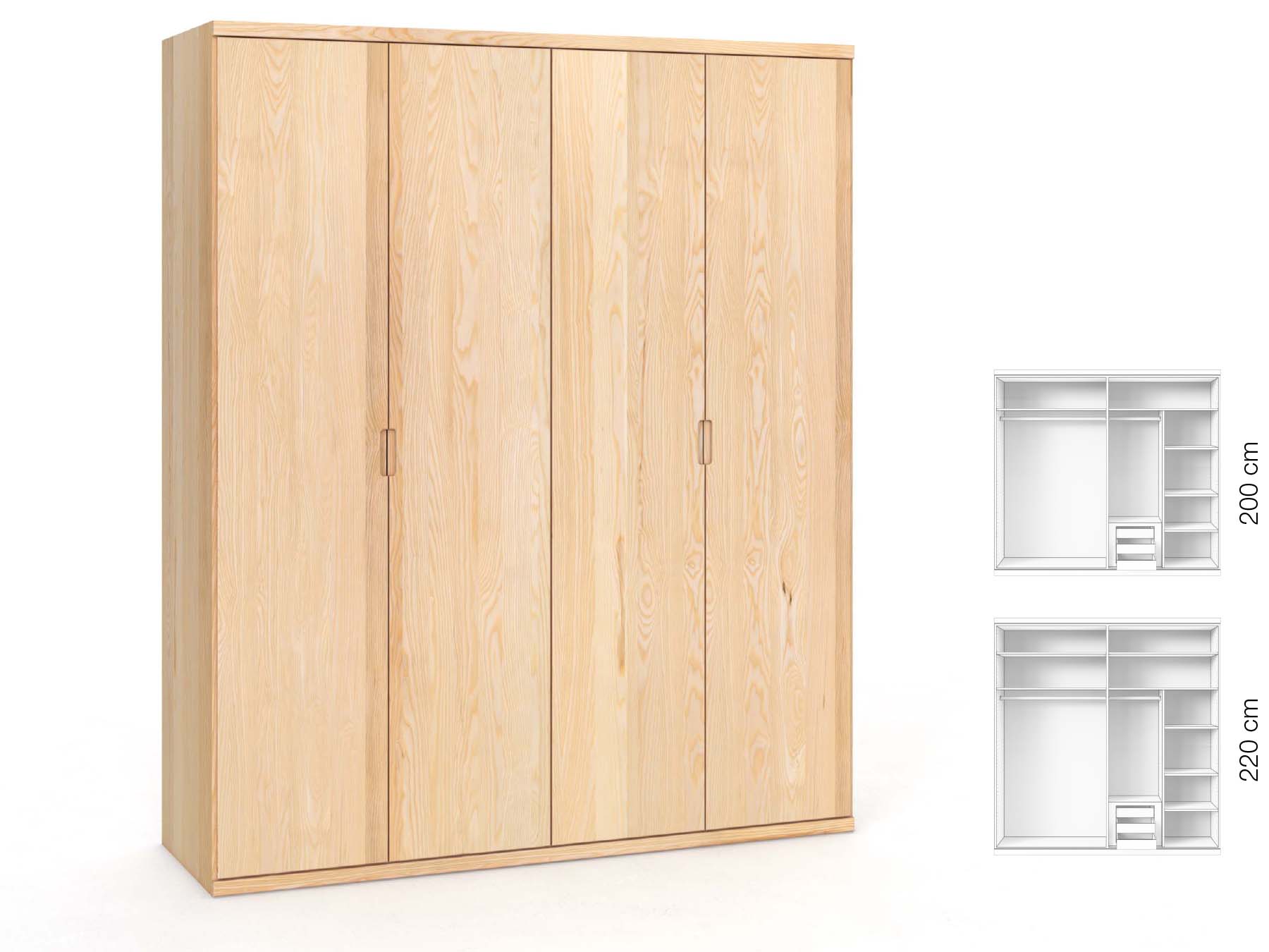 Eschenschrank „Romana“, 4-türig, Höhe 220 cm, Griffausführung „Lukas“, Inneneinrichtung: C