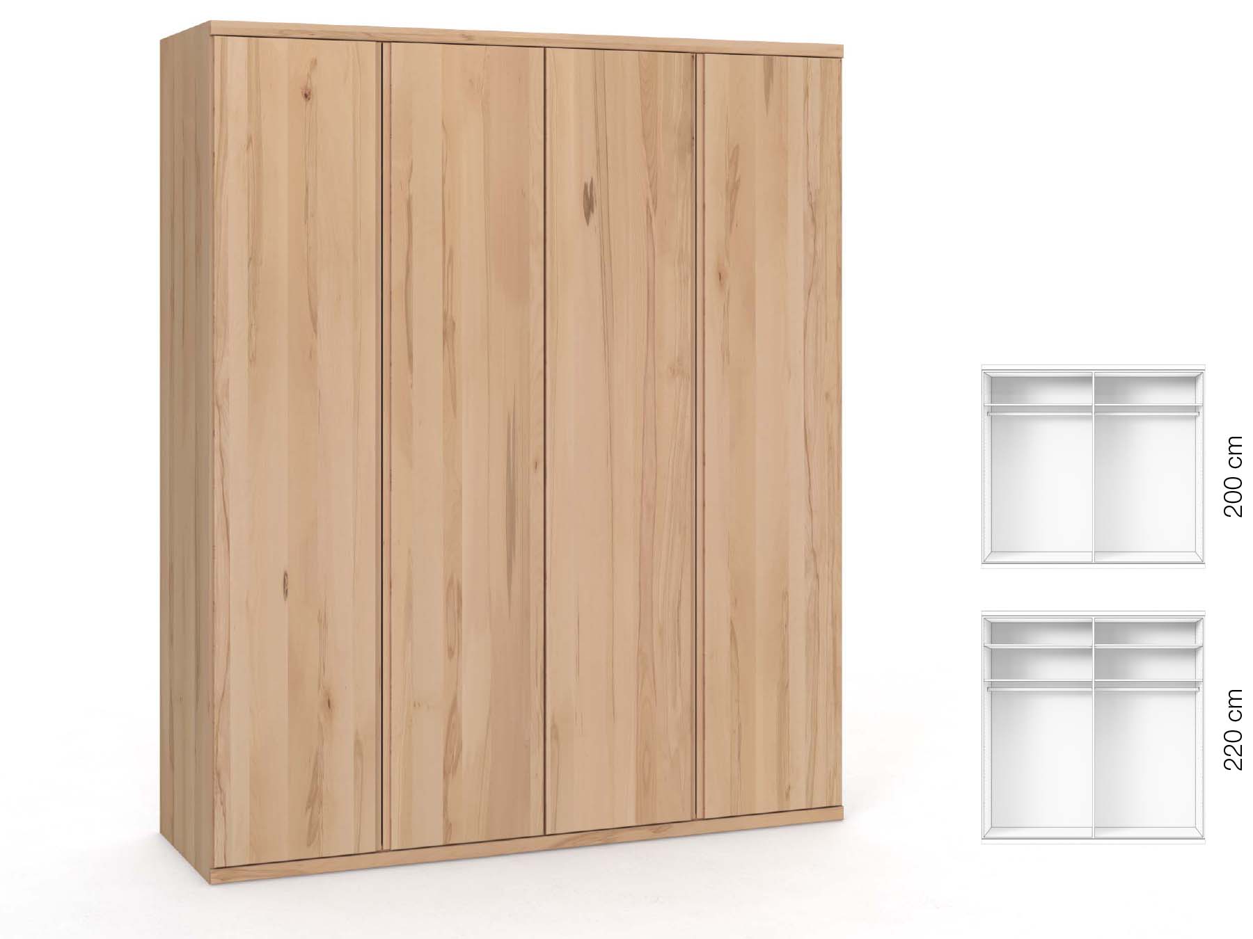 Buchenschrank „Romana“, 4-türig, Höhe 220 cm, Griffausführung „Patrizia“, Inneneinrichtung: A