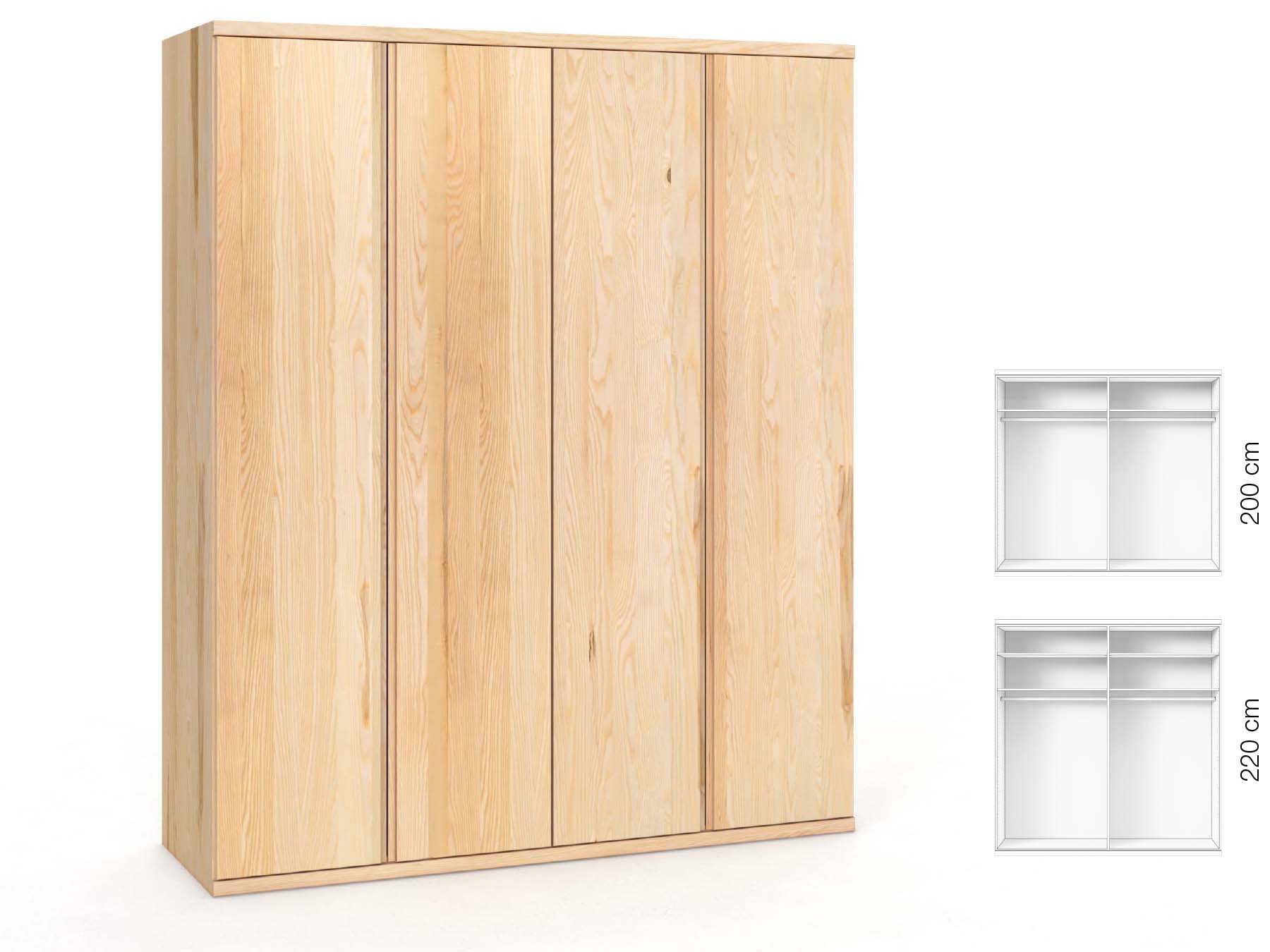 Eschenschrank „Romana“, 4-türig, Höhe 220 cm, Griffausführung „Patrizia“, Inneneinrichtung: A