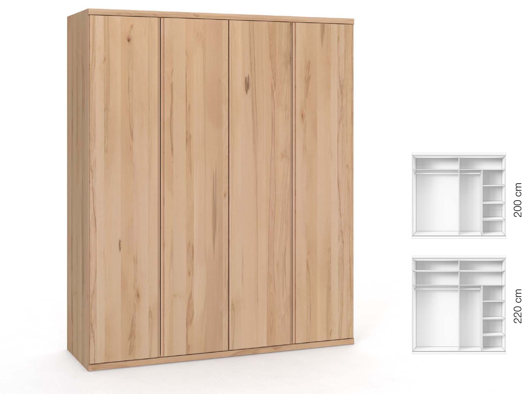 Buchenschrank „Romana“, 4-türig, Höhe 220 cm, Griffausführung „Patrizia“, Inneneinrichtung: B