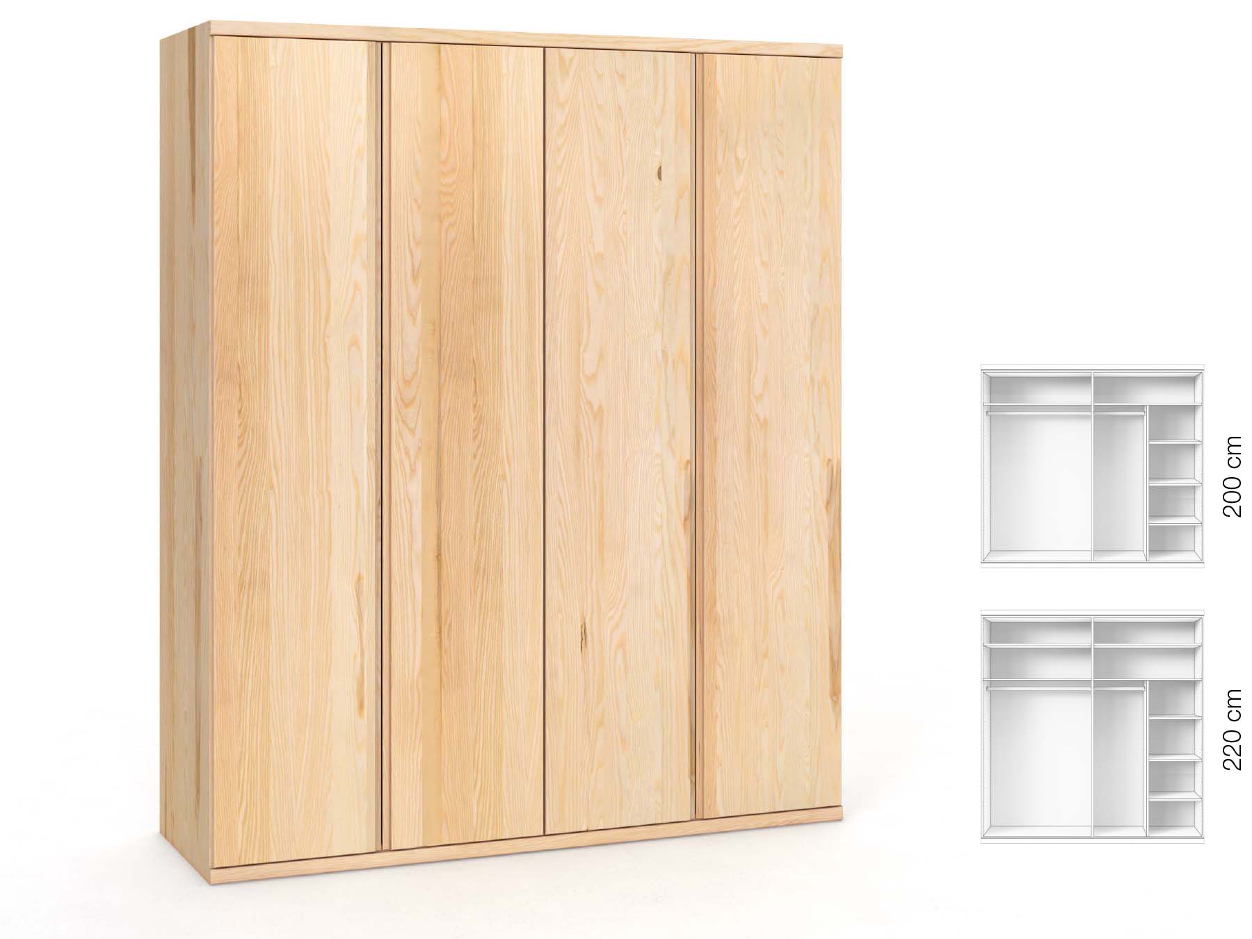 Eschenschrank „Romana“, 4-türig, Höhe 220 cm, Griffausführung „Patrizia“, Inneneinrichtung: B