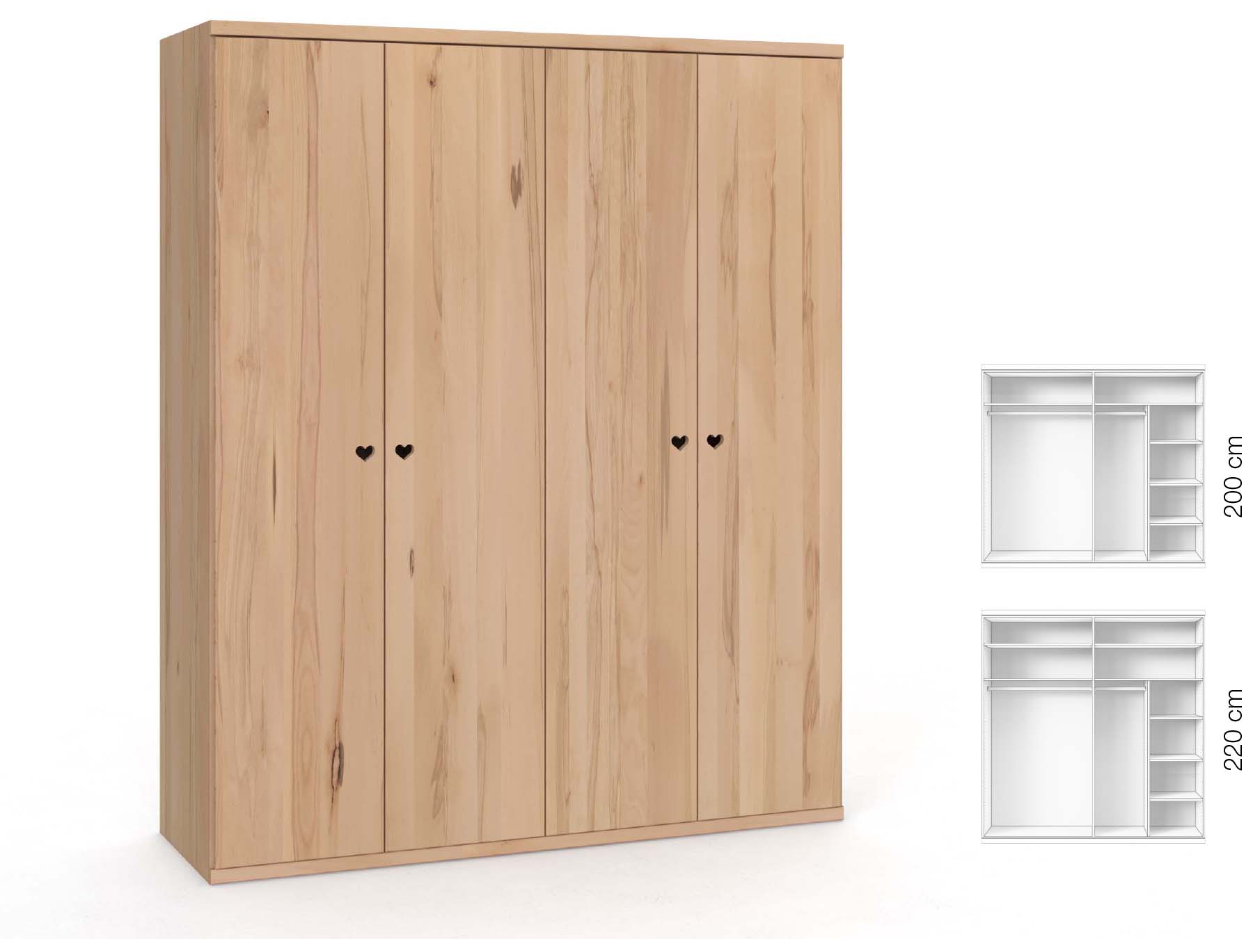 Buchenschrank „Romana“, 4-türig, Höhe 220 cm, Griffausführung „Heidi“, Inneneinrichtung: B