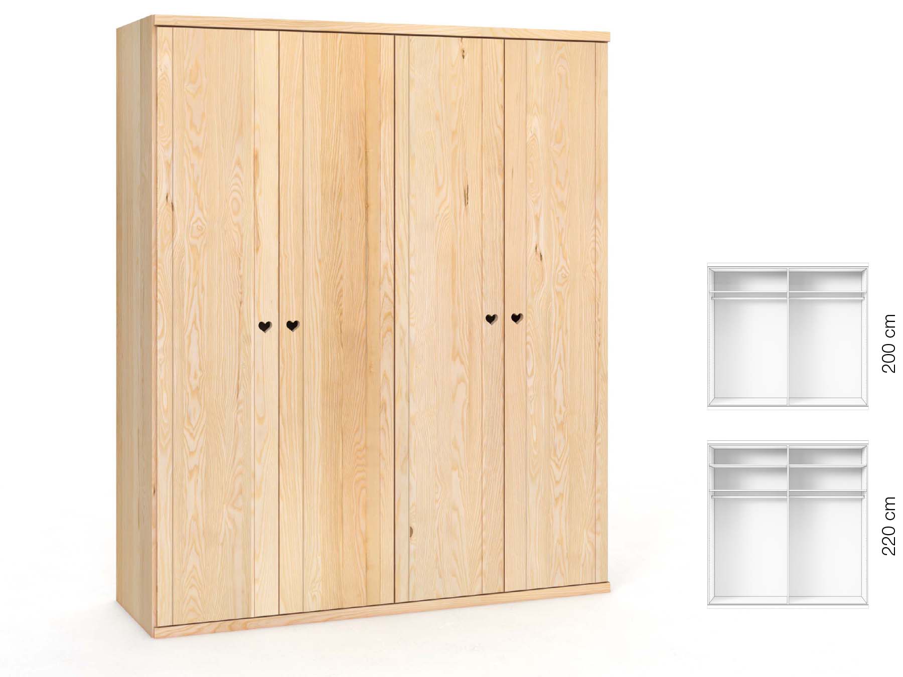 Eschenschrank „Egon“, 4-türig, Höhe 220 cm, Griffausführung „Heidi“, Inneneinrichtung: A