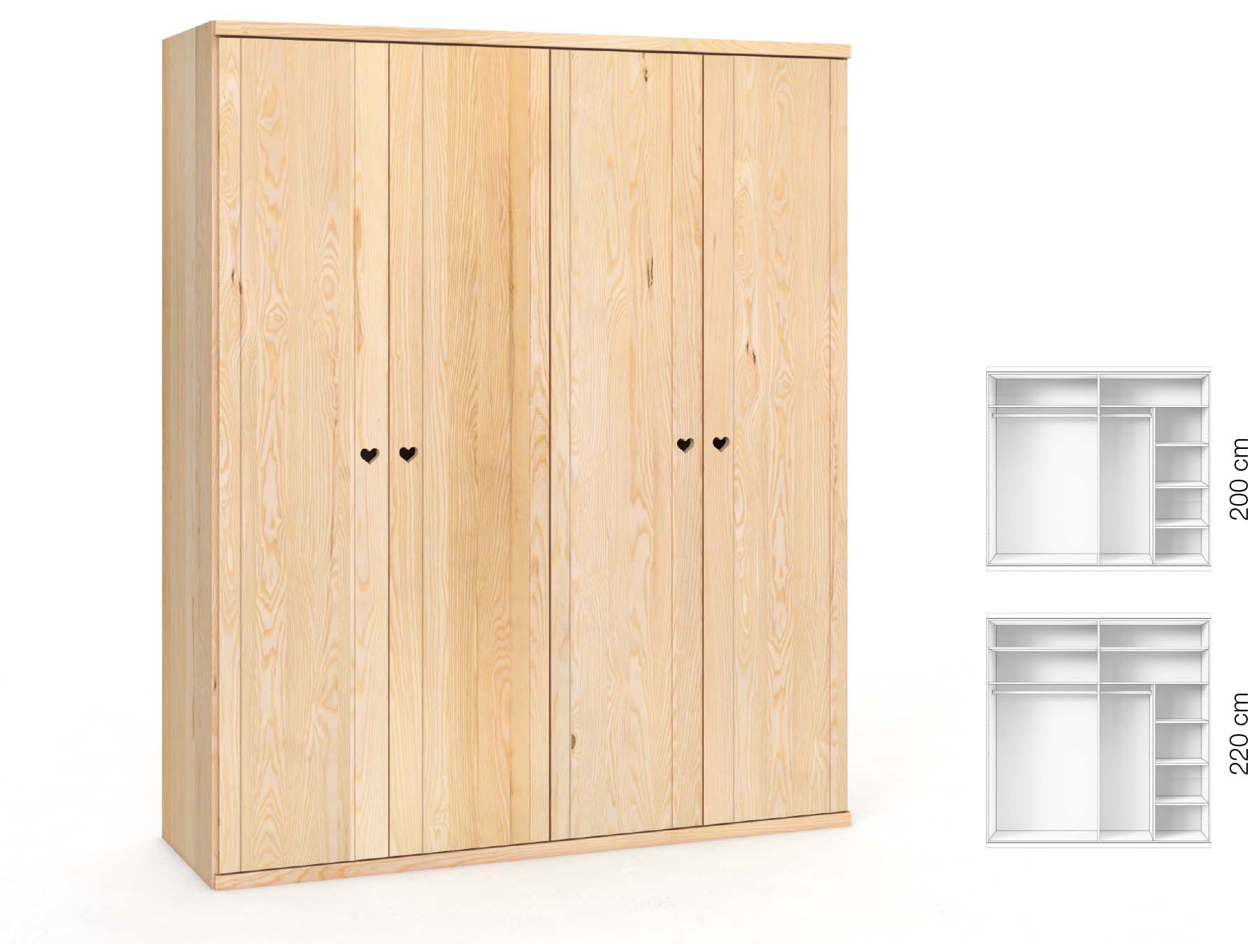 Eschenschrank „Egon“, 4-türig, Höhe 220 cm, Griffausführung „Heidi“, Inneneinrichtung: B