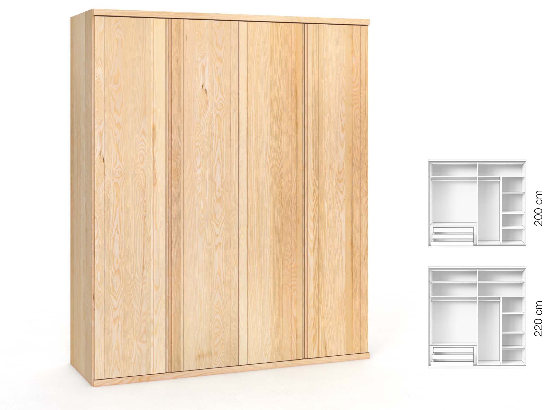 Eschenschrank „Egon“, 4-türig, Höhe 220 cm, Griffausführung „Patrizia“, Inneneinrichtung: D