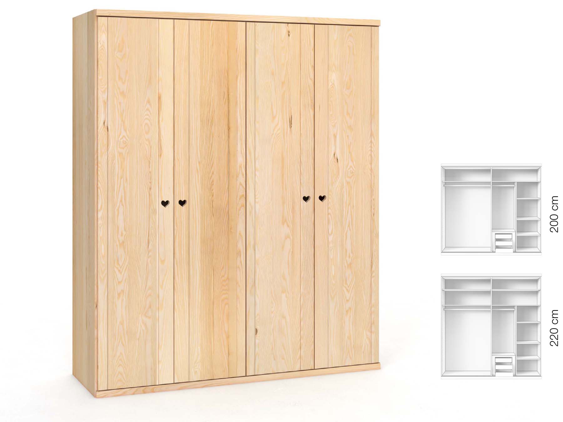 Eschenschrank „Egon“, 4-türig, Höhe 220 cm, Griffausführung „Heidi“, Inneneinrichtung: C
