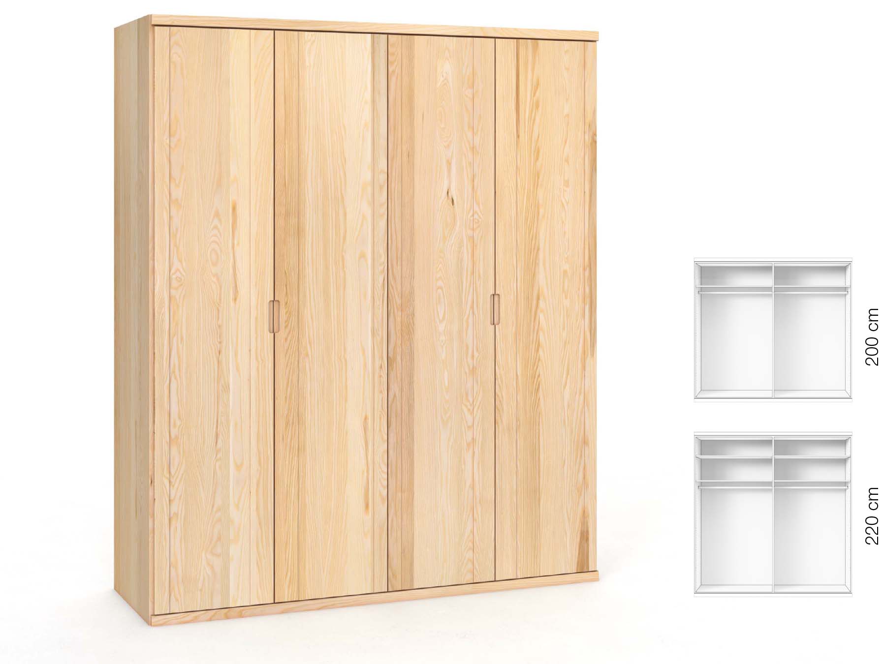 Eschenschrank „Egon“, 4-türig, Höhe 220 cm, Griffausführung „Lukas“, Inneneinrichtung: A