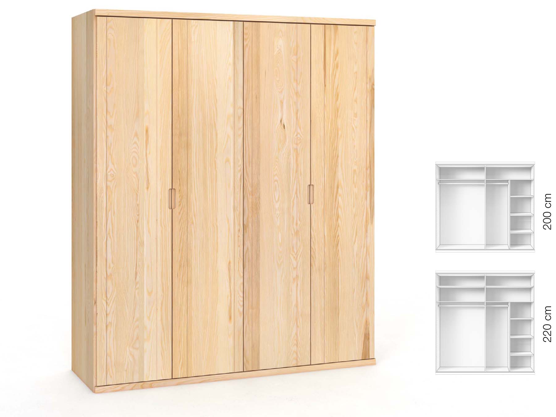 Eschenschrank „Egon“, 4-türig, Höhe 220 cm, Griffausführung „Lukas“, Inneneinrichtung: B