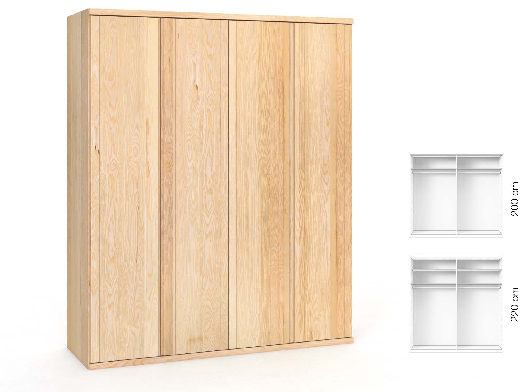 Eschenschrank „Egon“, 4-türig, Höhe 220 cm, Griffausführung „Patrizia“, Inneneinrichtung: A