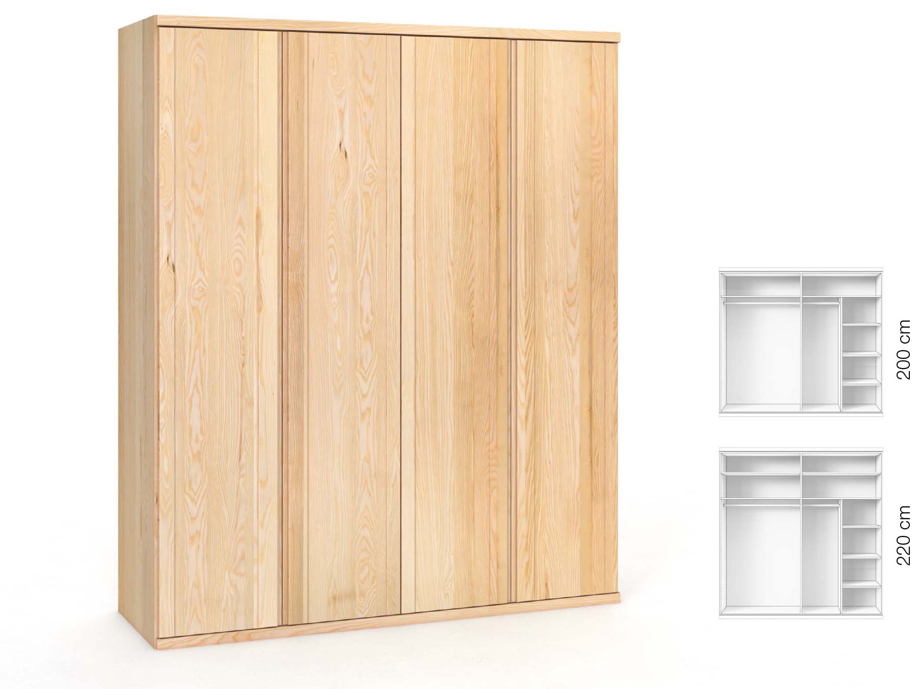 Eschenschrank „Egon“, 4-türig, Höhe 220 cm, Griffausführung „Patrizia“, Inneneinrichtung: B