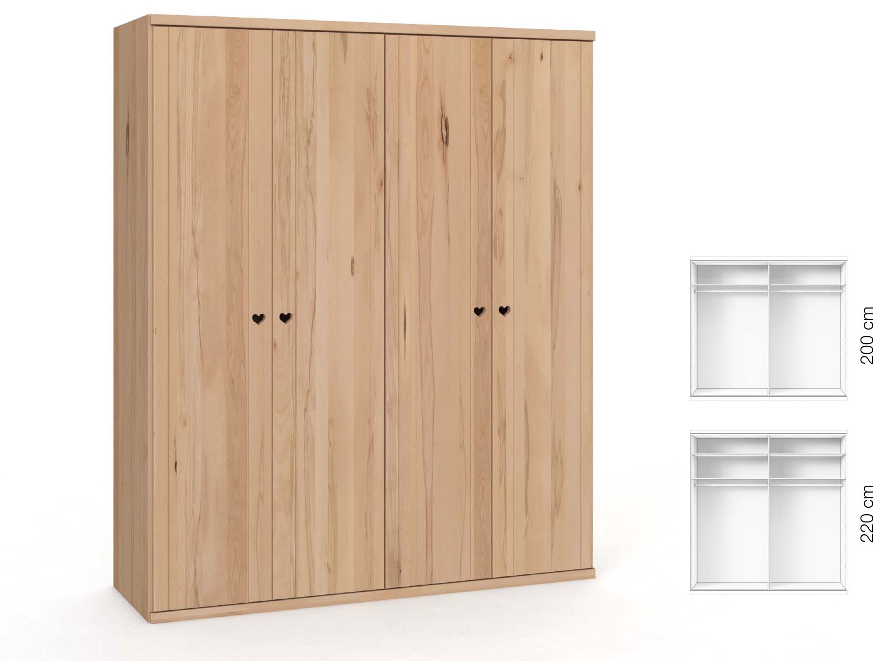 Buchenschrank „Egon“, 4-türig, Höhe 220 cm, Griffausführung „Heidi“, Inneneinrichtung: A