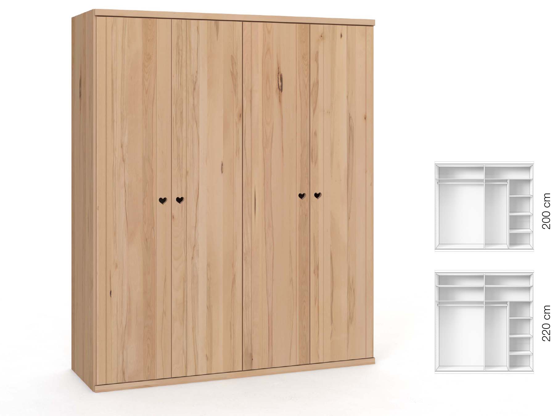 Buchenschrank „Egon“, 4-türig, Höhe 220 cm, Griffausführung „Heidi“, Inneneinrichtung: B