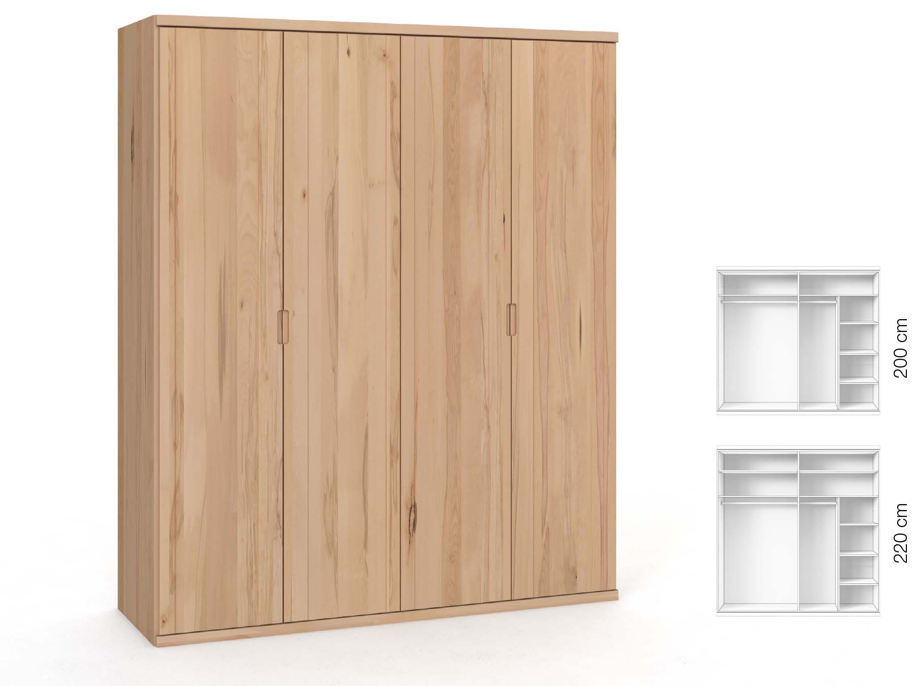 Buchenschrank „Egon“, 4-türig, Höhe 220 cm, Griffausführung „Lukas“, Inneneinrichtung: B