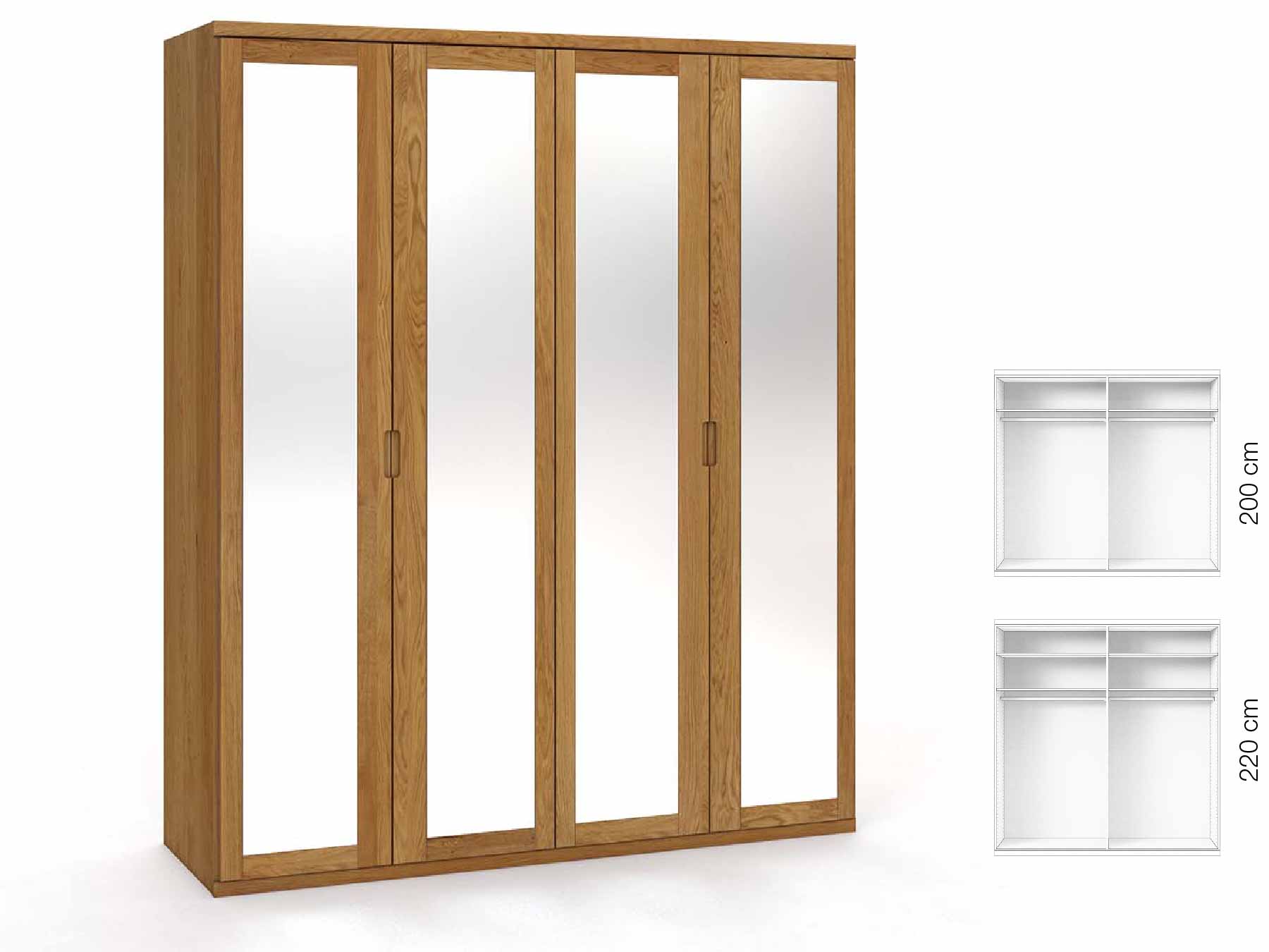 Eichenschrank „Sandra“, 4-türig, Höhe 220 cm, Griffausführung „Lukas“, Inneneinrichtung: A