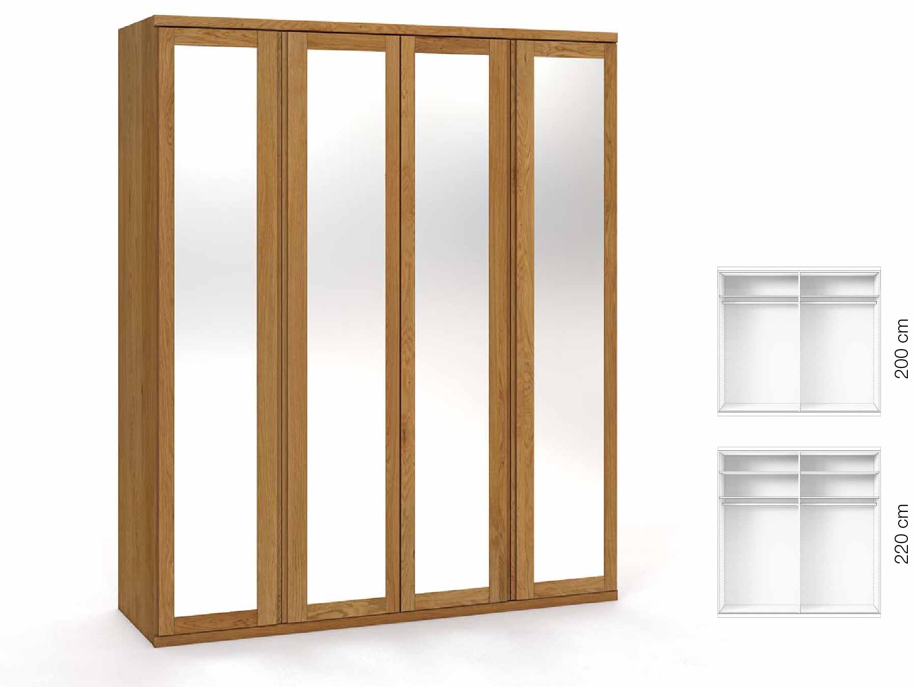 Eichenschrank „Sandra“, 4-türig, Höhe 220 cm, Griffausführung „Patrizia“, Inneneinrichtung: A
