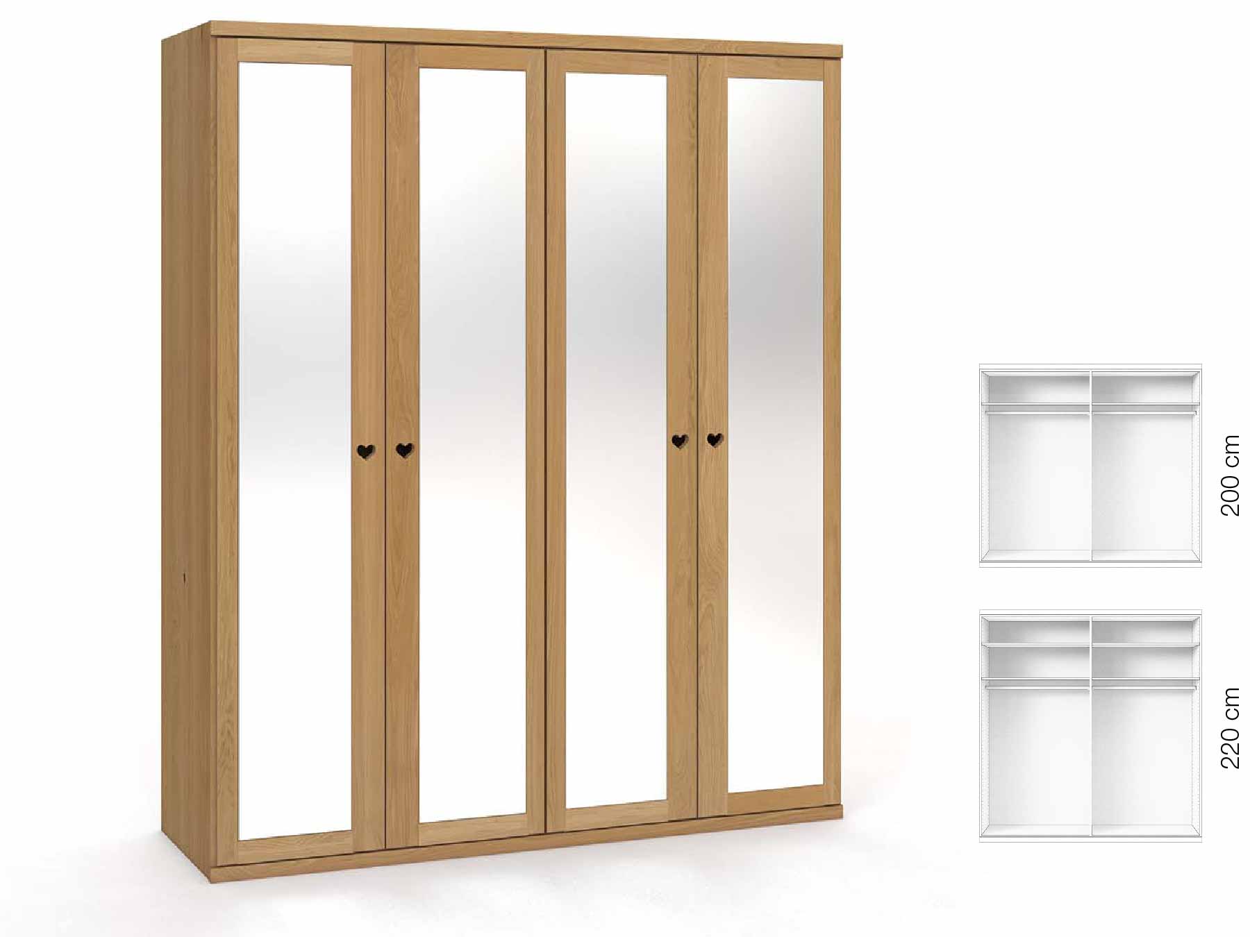 Eichenschrank Hell „Sandra“, 4-türig, Höhe 220 cm, Griffausführung „Heidi“, Inneneinrichtung: A