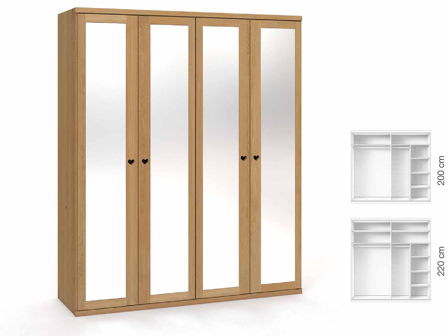 Eichenschrank Hell „Sandra“, 4-türig, Höhe 220 cm, Griffausführung „Heidi“, Inneneinrichtung: B