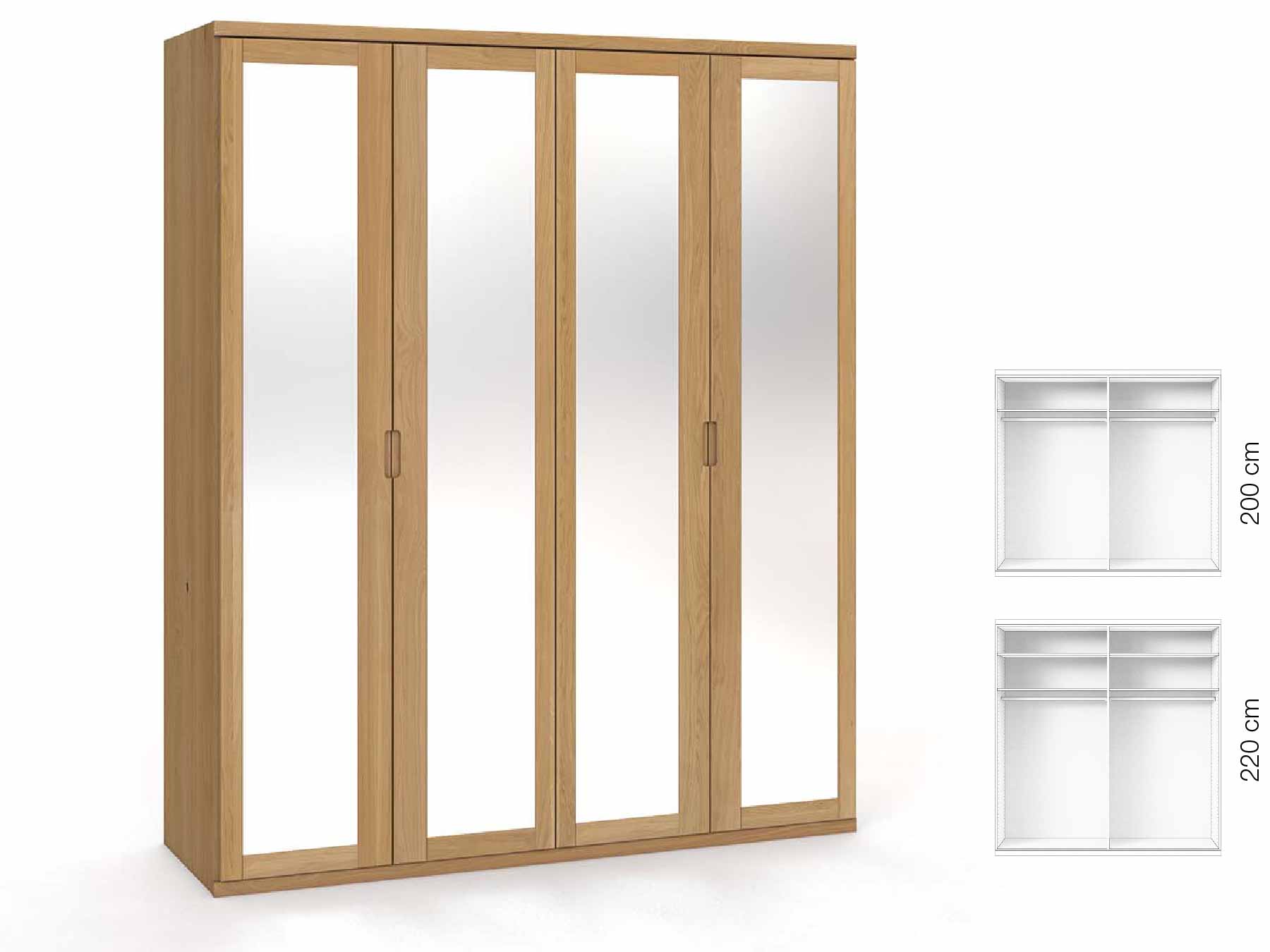 Eichenschrank Hell „Sandra“, 4-türig, Höhe 220 cm, Griffausführung „Lukas“, Inneneinrichtung: A