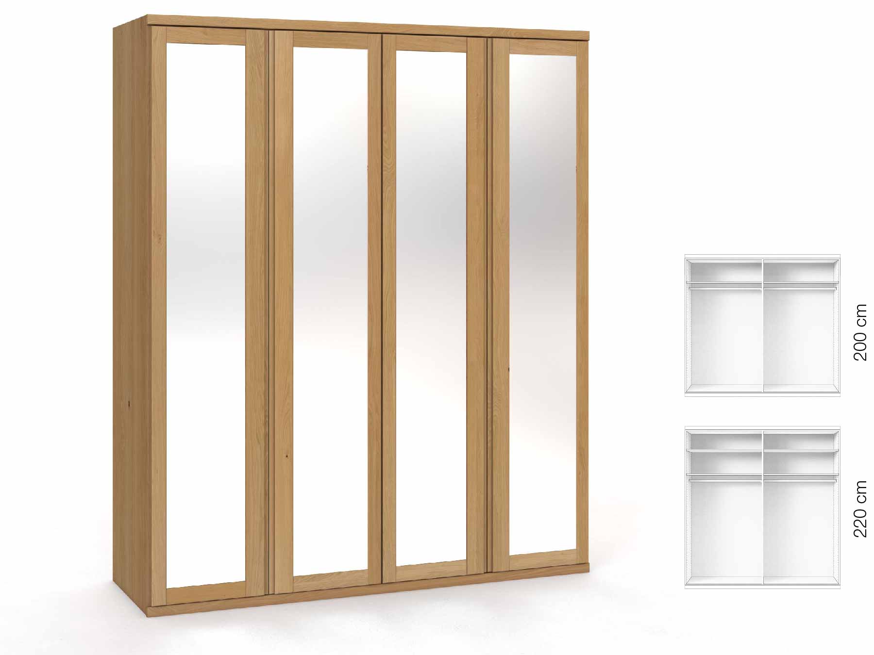 Eichenschrank Hell „Sandra“, 4-türig, Höhe 220 cm, Griffausführung „Patrizia“, Inneneinrichtung: A