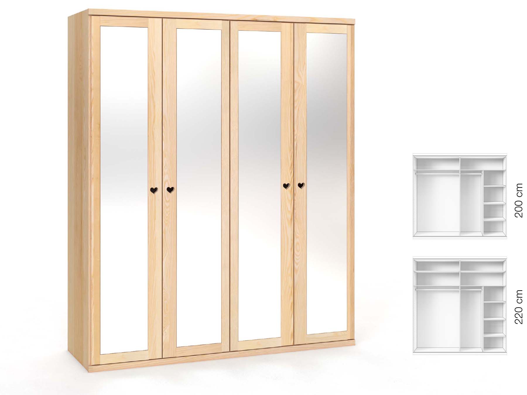 Eschenschrank „Sandra“, 4-türig, Höhe 220 cm, Griffausführung „Heidi“, Inneneinrichtung: B