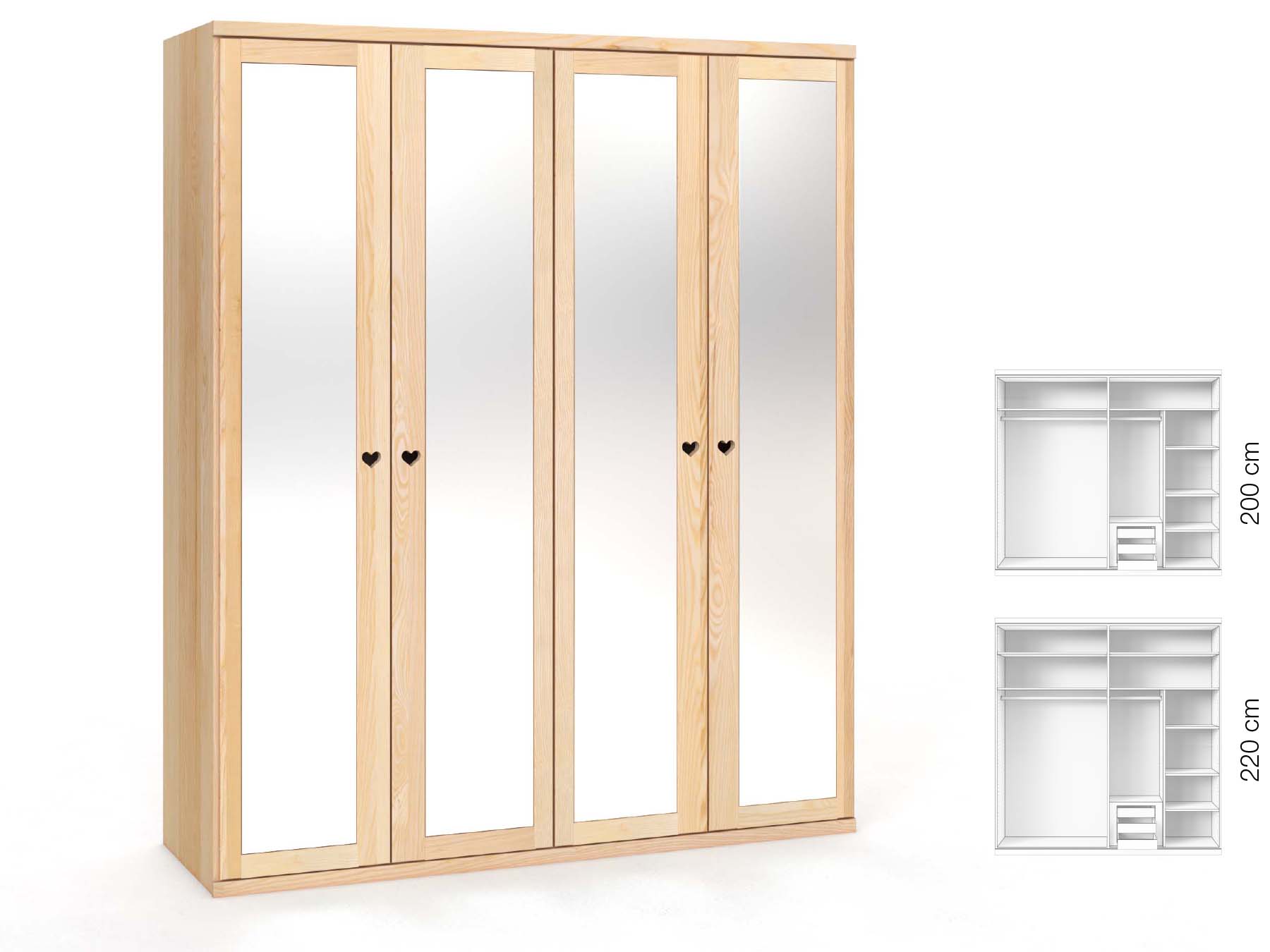 Eschenschrank „Sandra“, 4-türig, Höhe 220 cm, Griffausführung „Heidi“, Inneneinrichtung: C