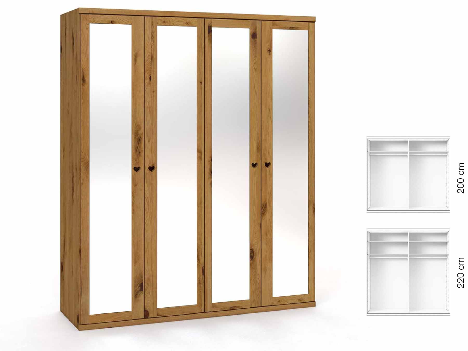 Wildeichenschrank „Sandra“, 4-türig, Höhe 220 cm, Griffausführung „Heidi“, Inneneinrichtung: A