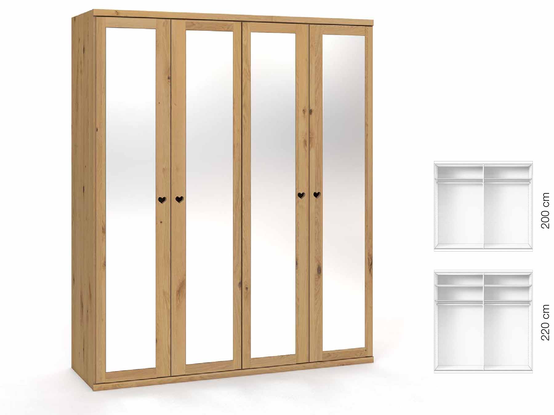 Wildeichenschrank Hell „Sandra“, 4-türig, Höhe 220 cm, Griffausführung „Heidi“, Inneneinrichtung: A