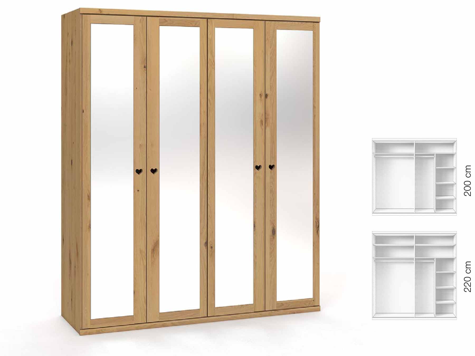 Wildeichenschrank Hell „Sandra“, 4-türig, Höhe 220 cm, Griffausführung „Heidi“, Inneneinrichtung: B