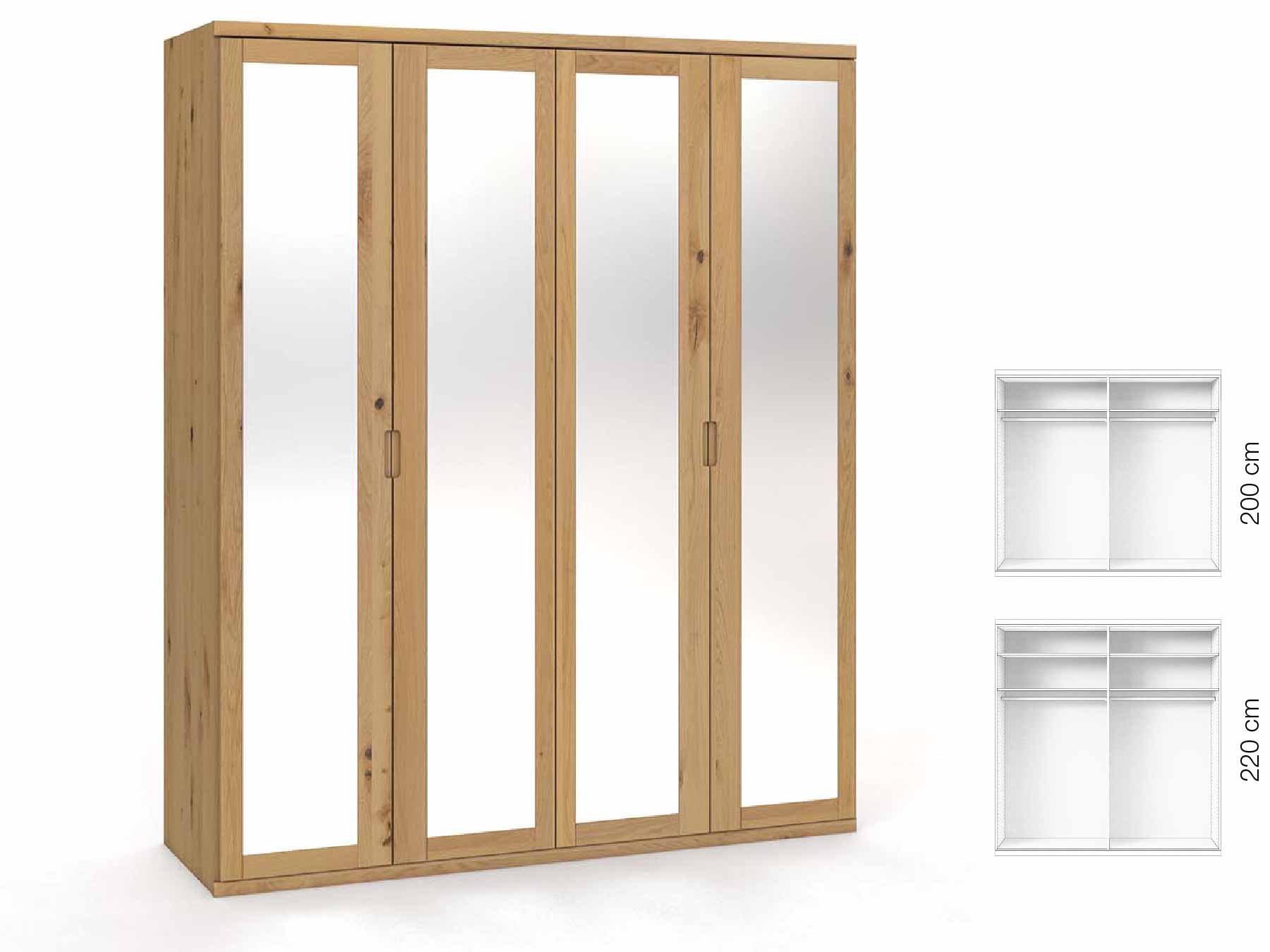 Wildeichenschrank Hell „Sandra“, 4-türig, Höhe 220 cm, Griffausführung „Lukas“, Inneneinrichtung: A
