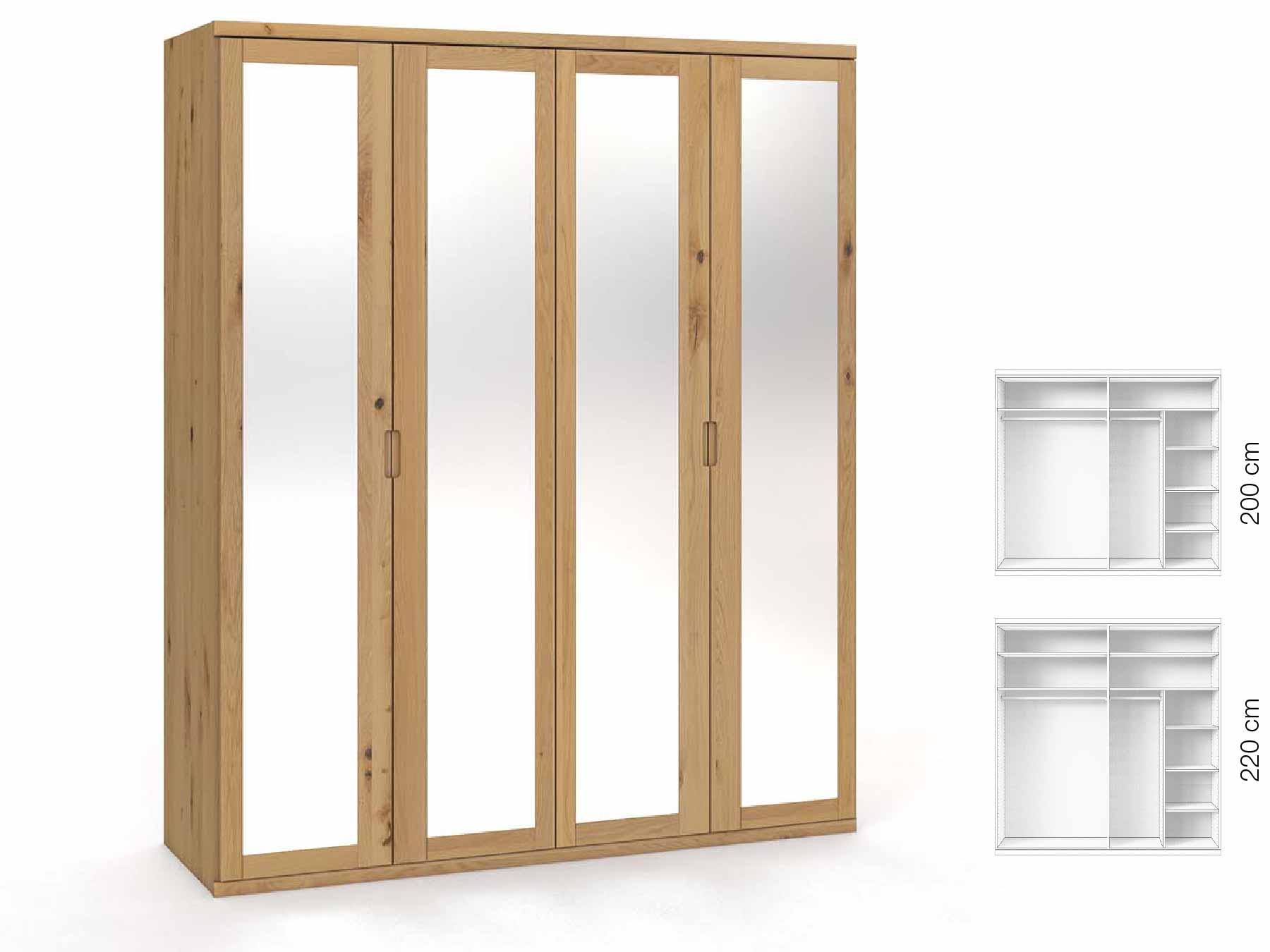 Wildeichenschrank Hell „Sandra“, 4-türig, Höhe 220 cm, Griffausführung „Lukas“, Inneneinrichtung: B