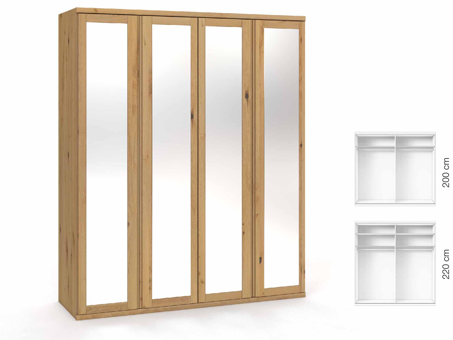 Wildeichenschrank Hell „Sandra“, 4-türig, Höhe 220 cm, Griffausführung „Patrizia“, Inneneinrichtung: A