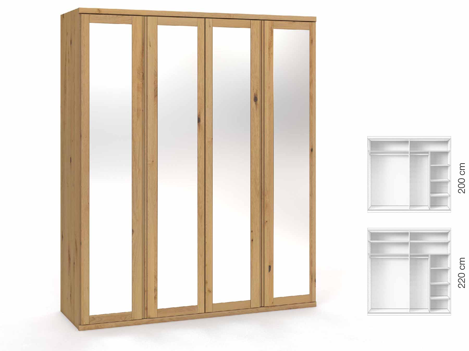 Wildeichenschrank Hell „Sandra“, 4-türig, Höhe 220 cm, Griffausführung „Patrizia“, Inneneinrichtung: B