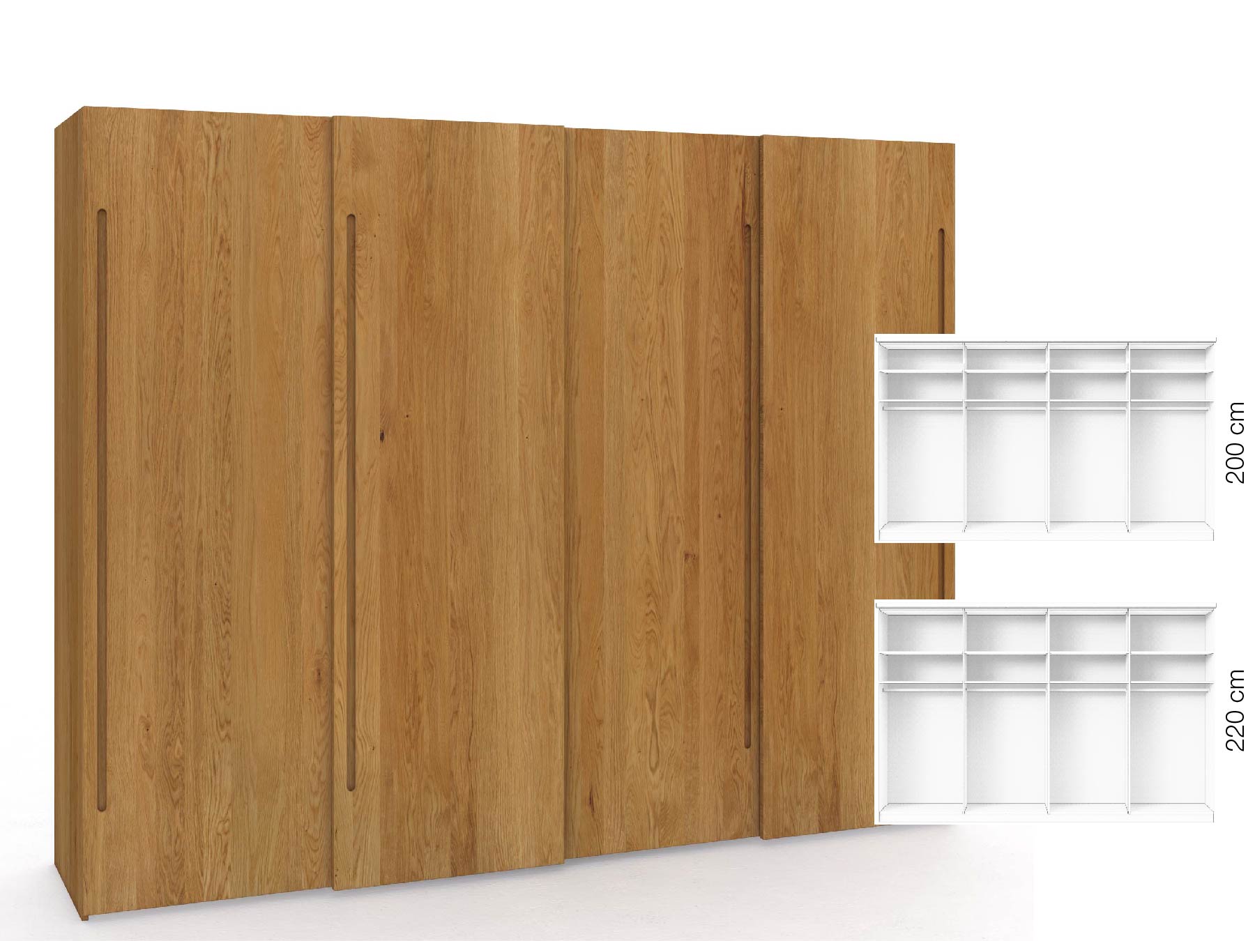 Eichenschrank „Ludwig", 4-türig, Höhe 220 cm, Inneneinrichtung: A, Griff C