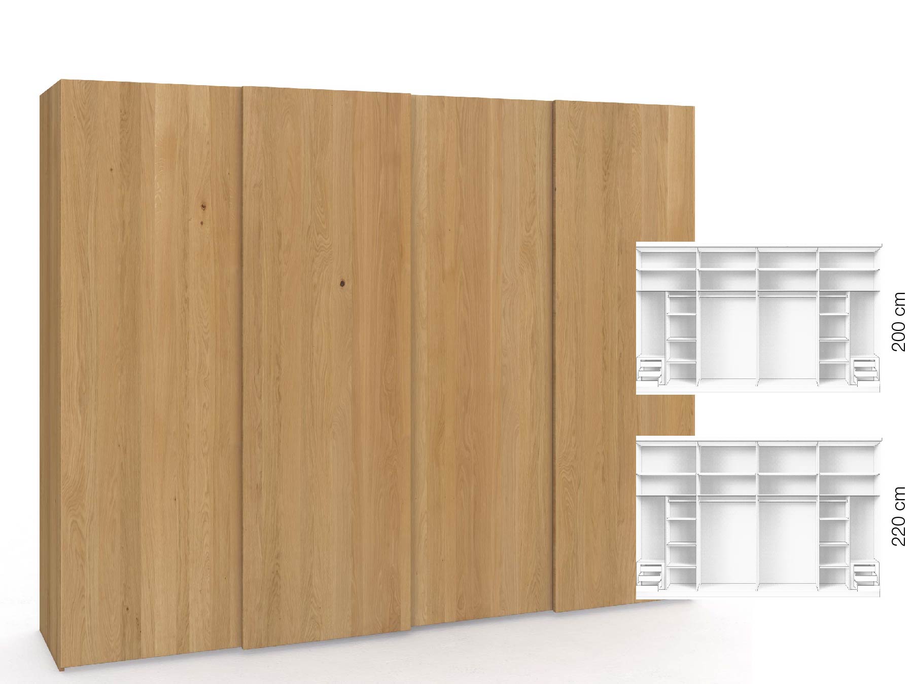 Eichenschrank Hell „Ludwig", 4-türig, Höhe 220 cm, Inneneinrichtung: C, Grifflos