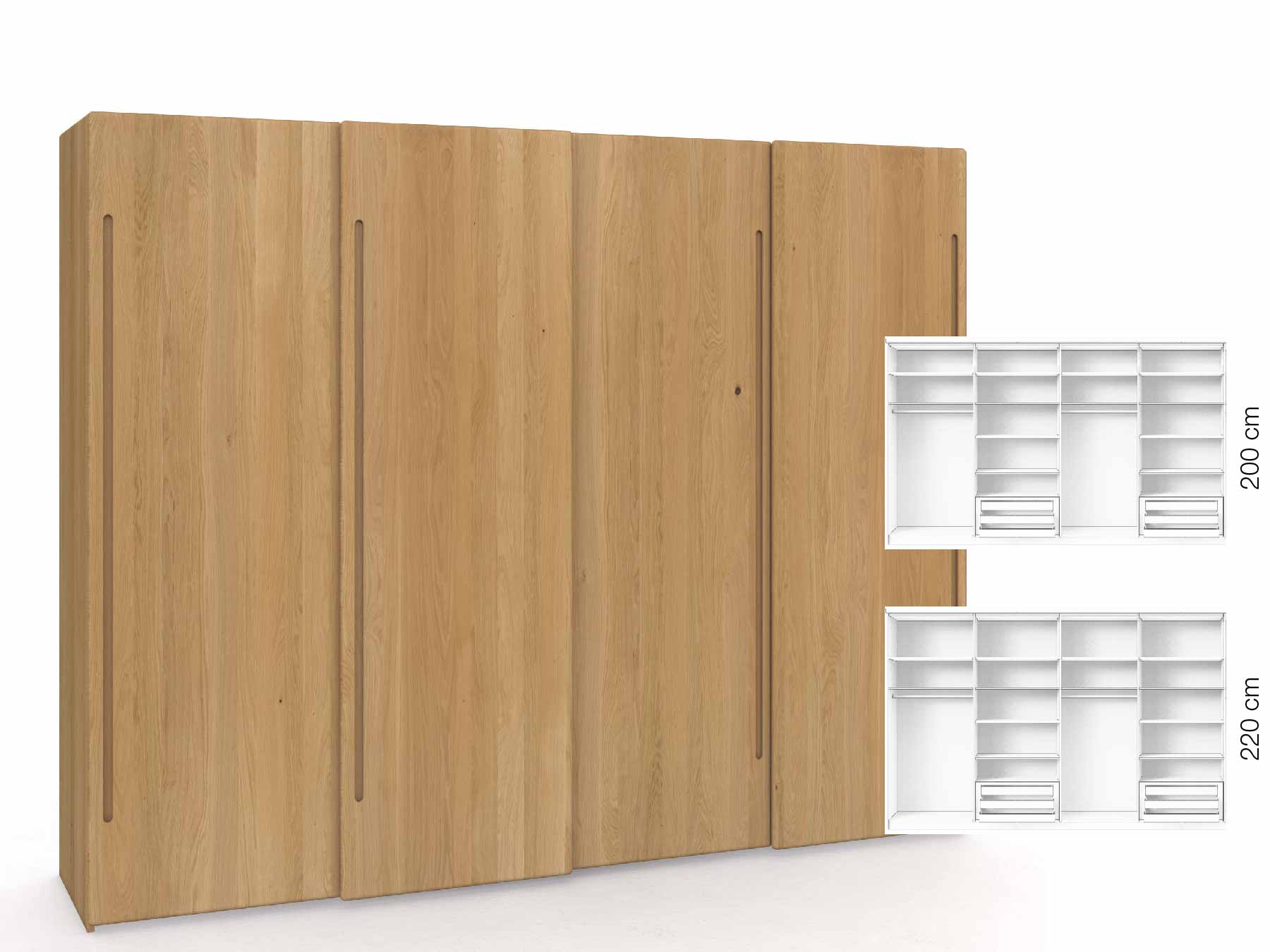 Eichenschrank Hell „Viktor", 4-türig, Höhe 220 cm, Inneneinrichtung: D, Griff C
