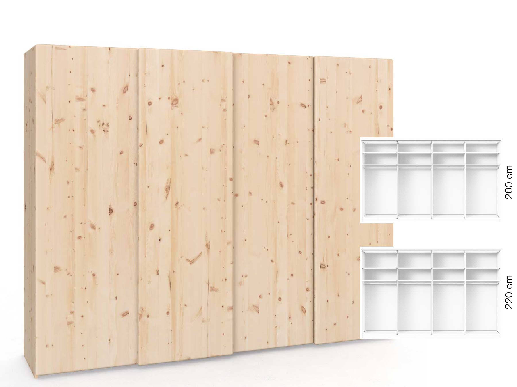 Zirbenschrank „Viktor", 4-türig, Höhe 220 cm, Inneneinrichtung: B, Grifflos