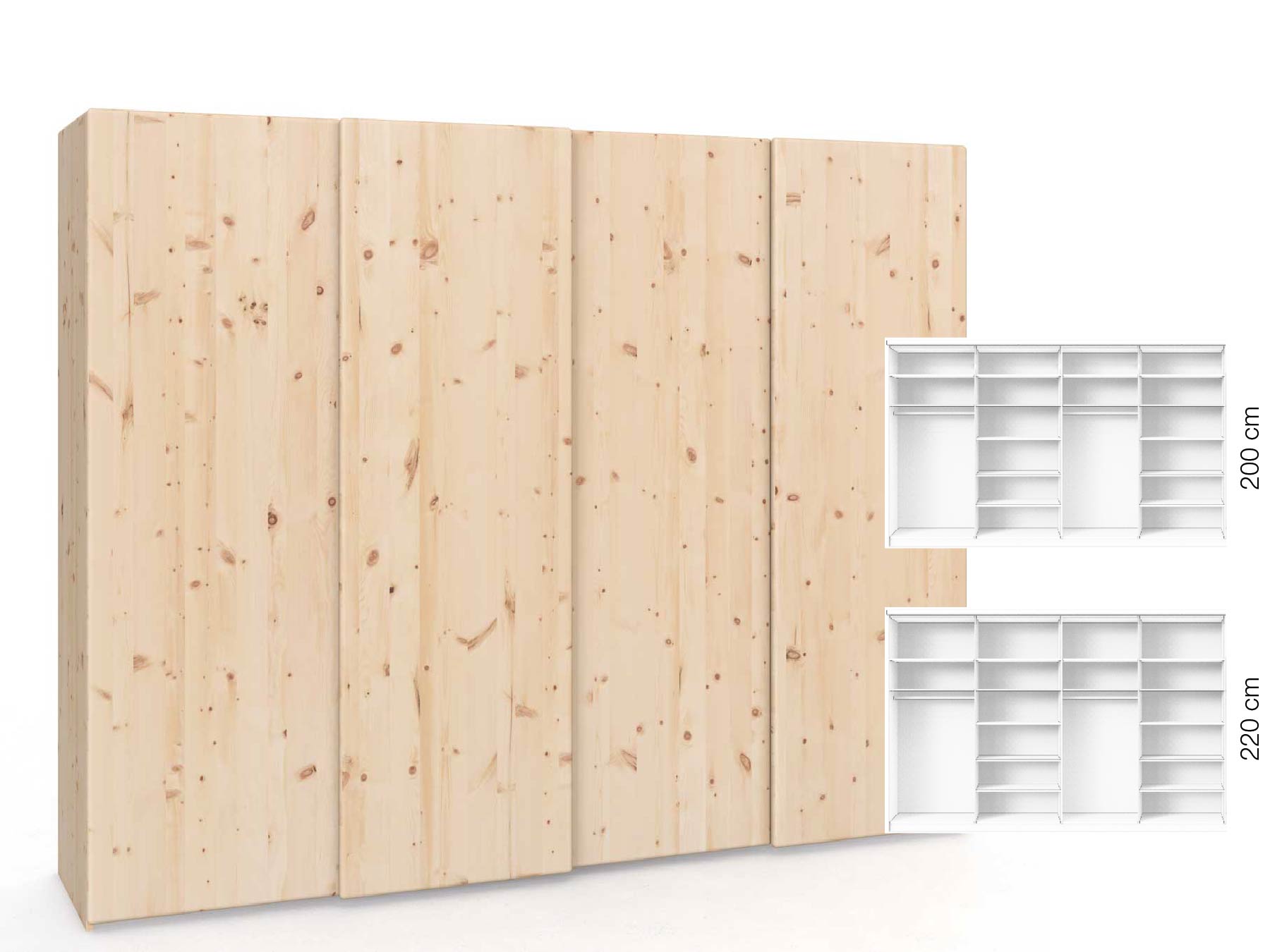 Zirbenschrank „Viktor", 4-türig, Höhe 220 cm, Inneneinrichtung: A, Grifflos