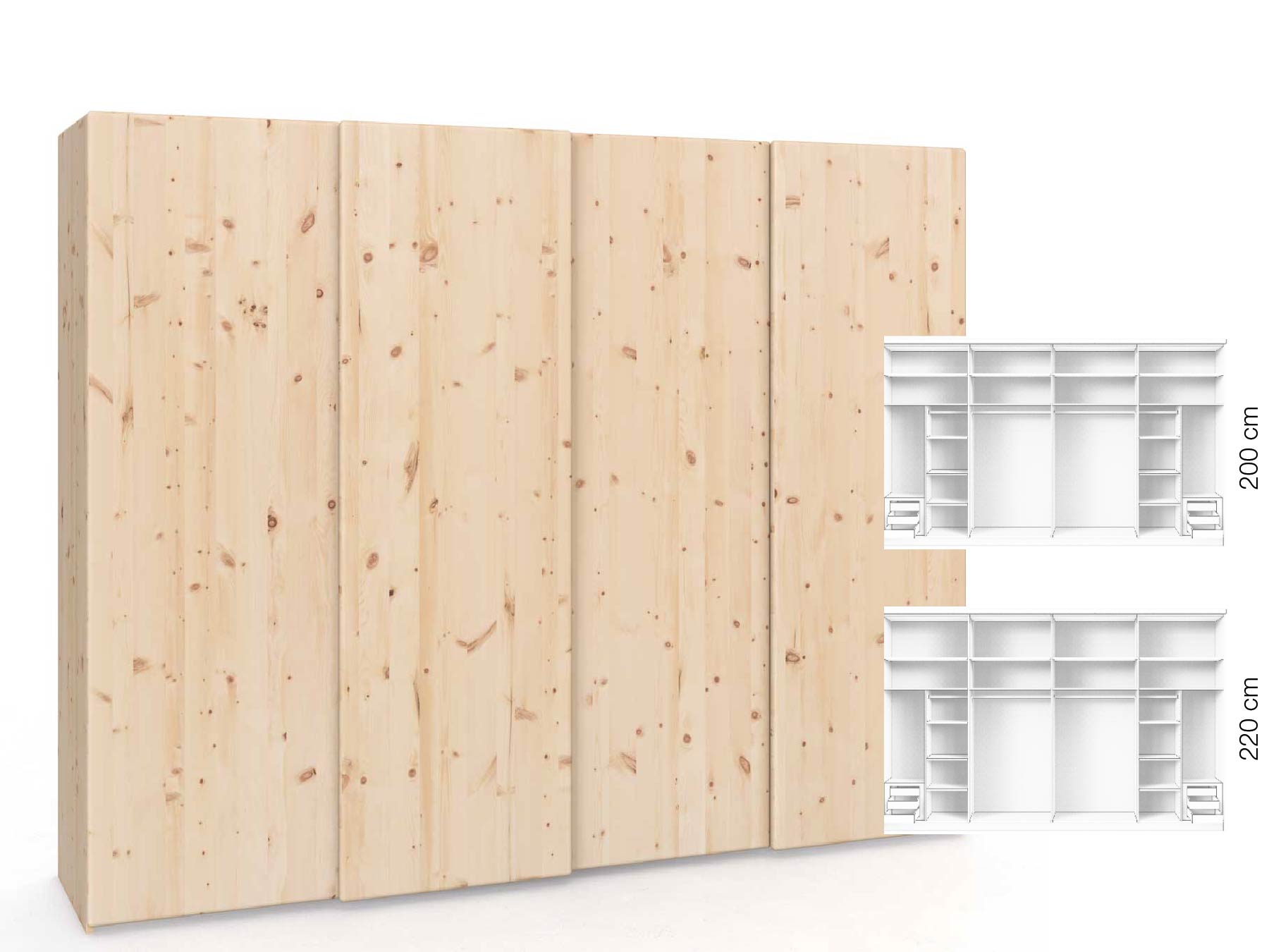 Zirbenschrank „Viktor", 4-türig, Höhe 220 cm, Inneneinrichtung: C, Grifflos