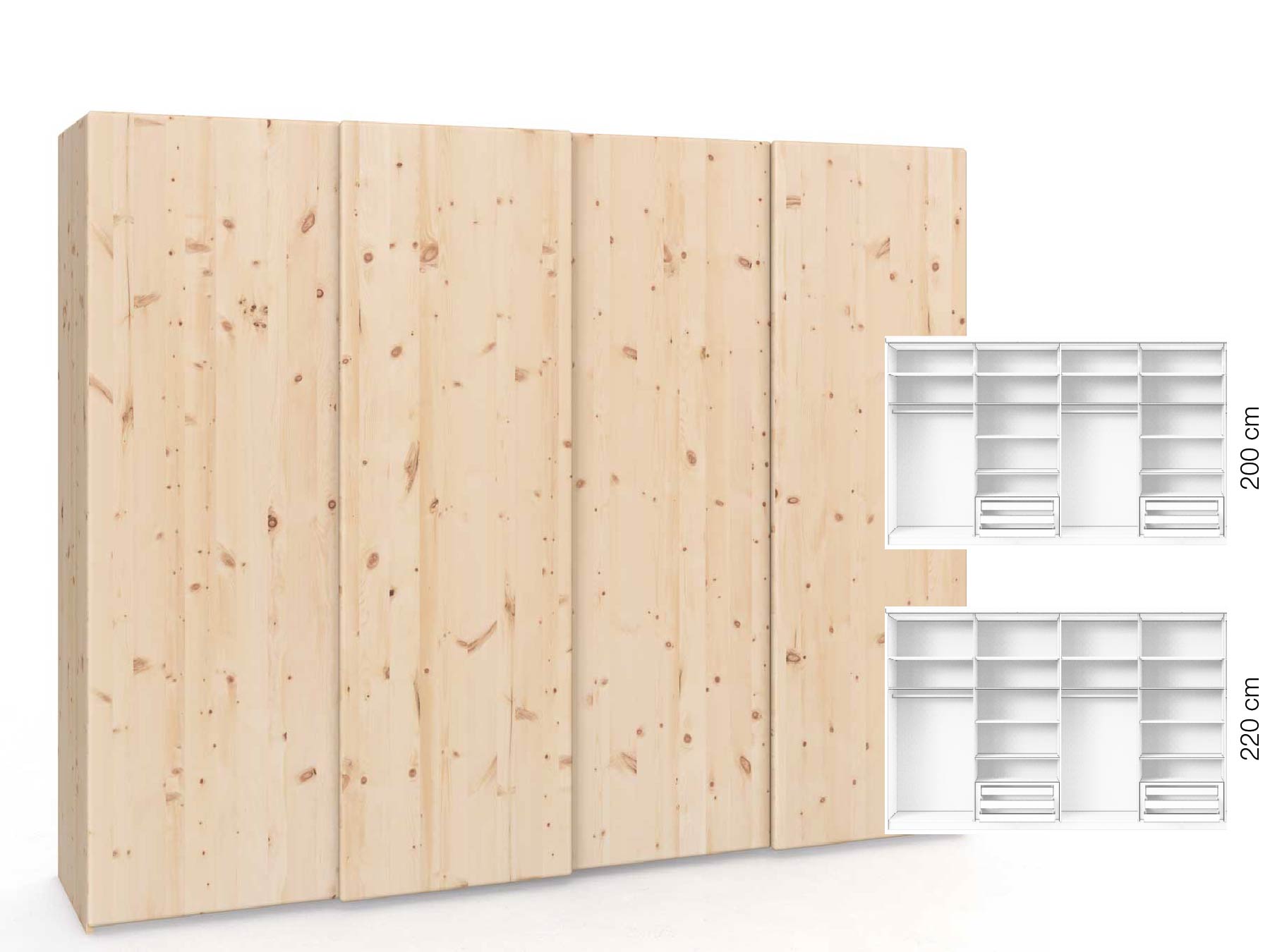 Zirbenschrank „Viktor", 4-türig, Höhe 220 cm, Inneneinrichtung: D, Grifflos