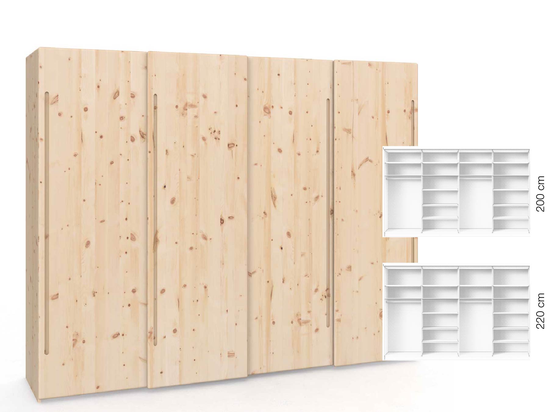 Zirbenschrank „Viktor", 4-türig, Höhe 220 cm, Inneneinrichtung: B, Griff: C