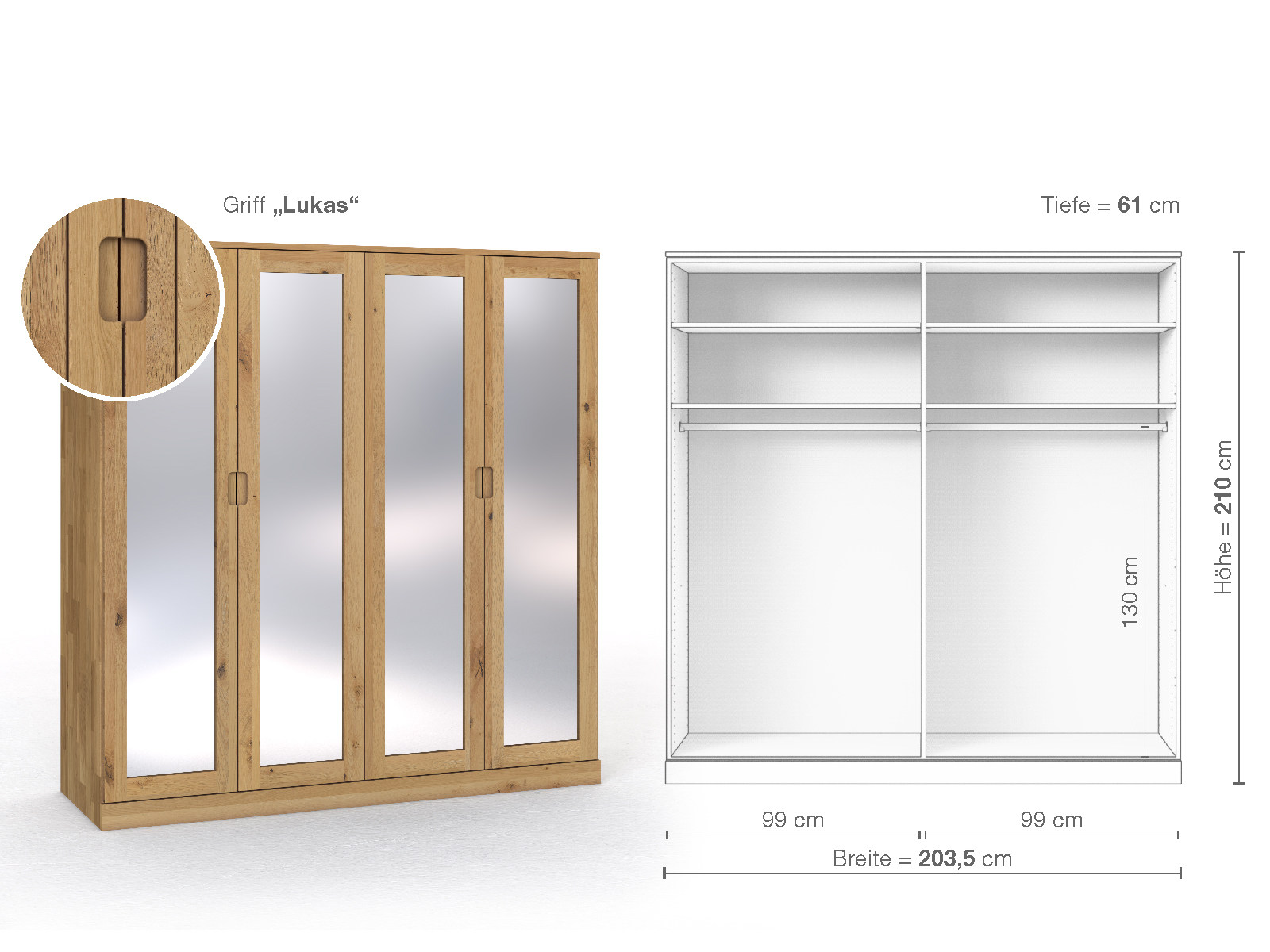 Schrank „Alpenrose“ aus Wildeiche Hell, 4-türig, Höhe 210 cm, Griffausführung „Lukas“, Inneneinrichtung A